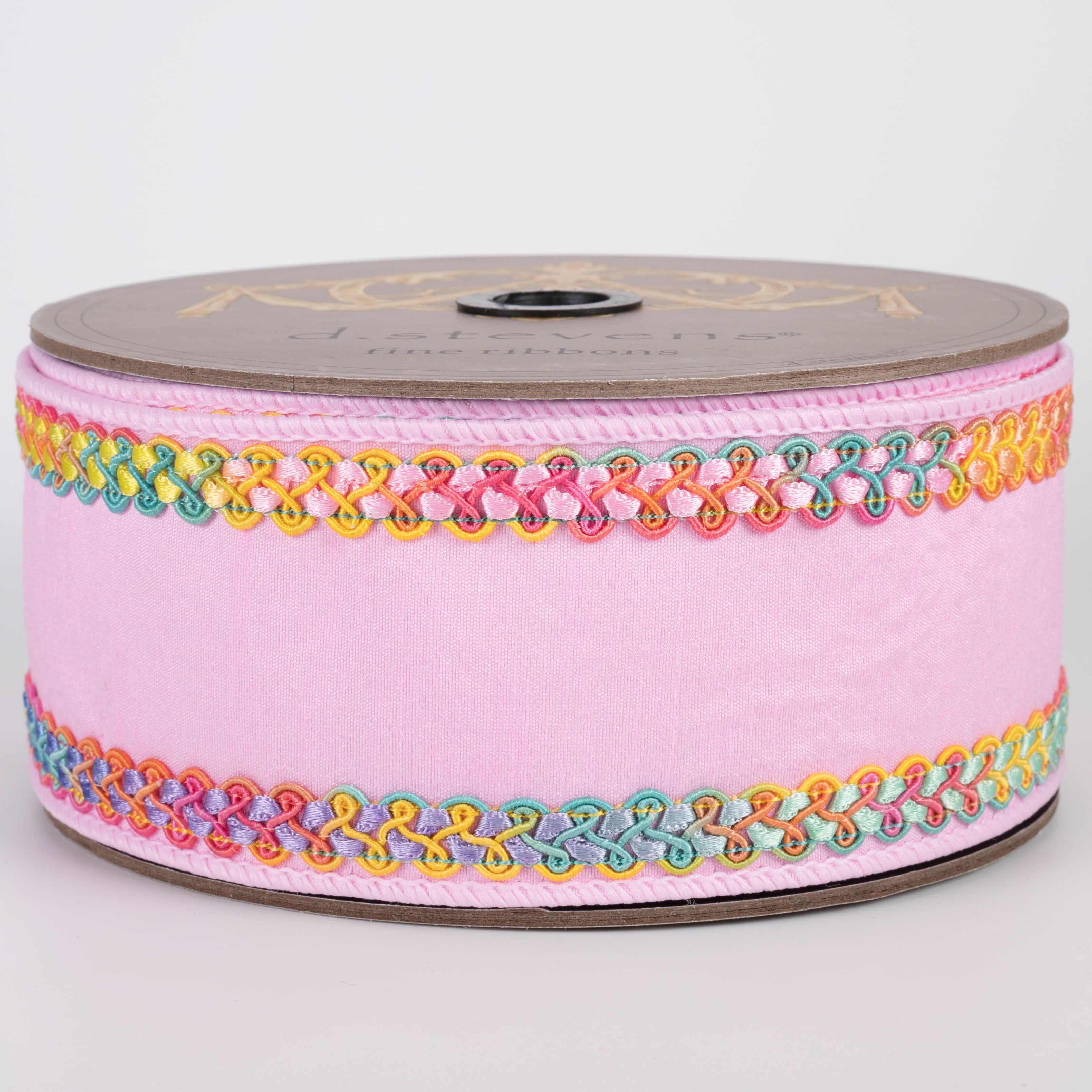 [D Stevens] 2.5" Dupioni Braided Trim Ribbon: Bright Pastel Ombre on Light Pink (10 Yards) Item Number: 05-2176