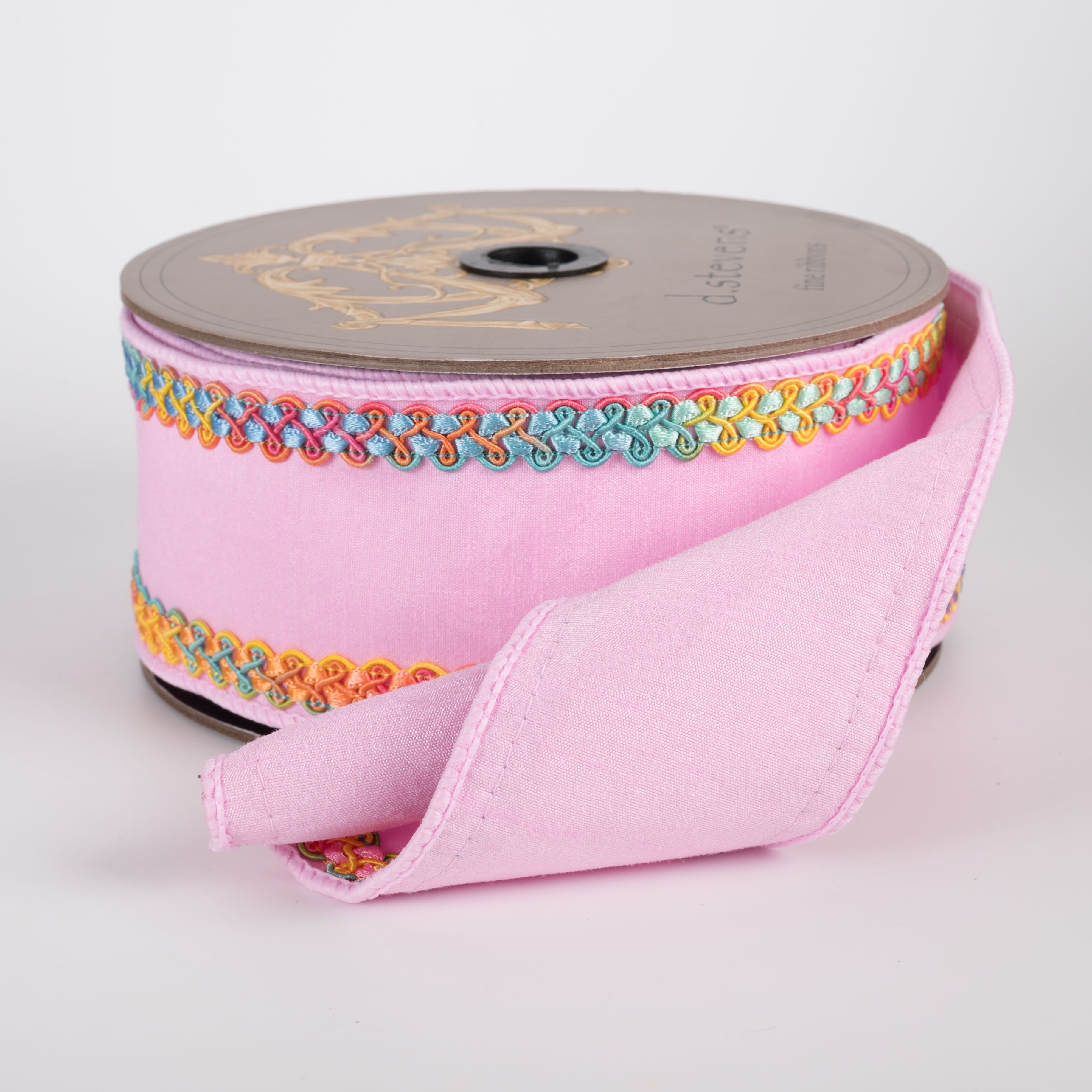 [D Stevens] 2.5" Dupioni Braided Trim Ribbon: Bright Pastel Ombre on Light Pink (10 Yards) detail photo 3