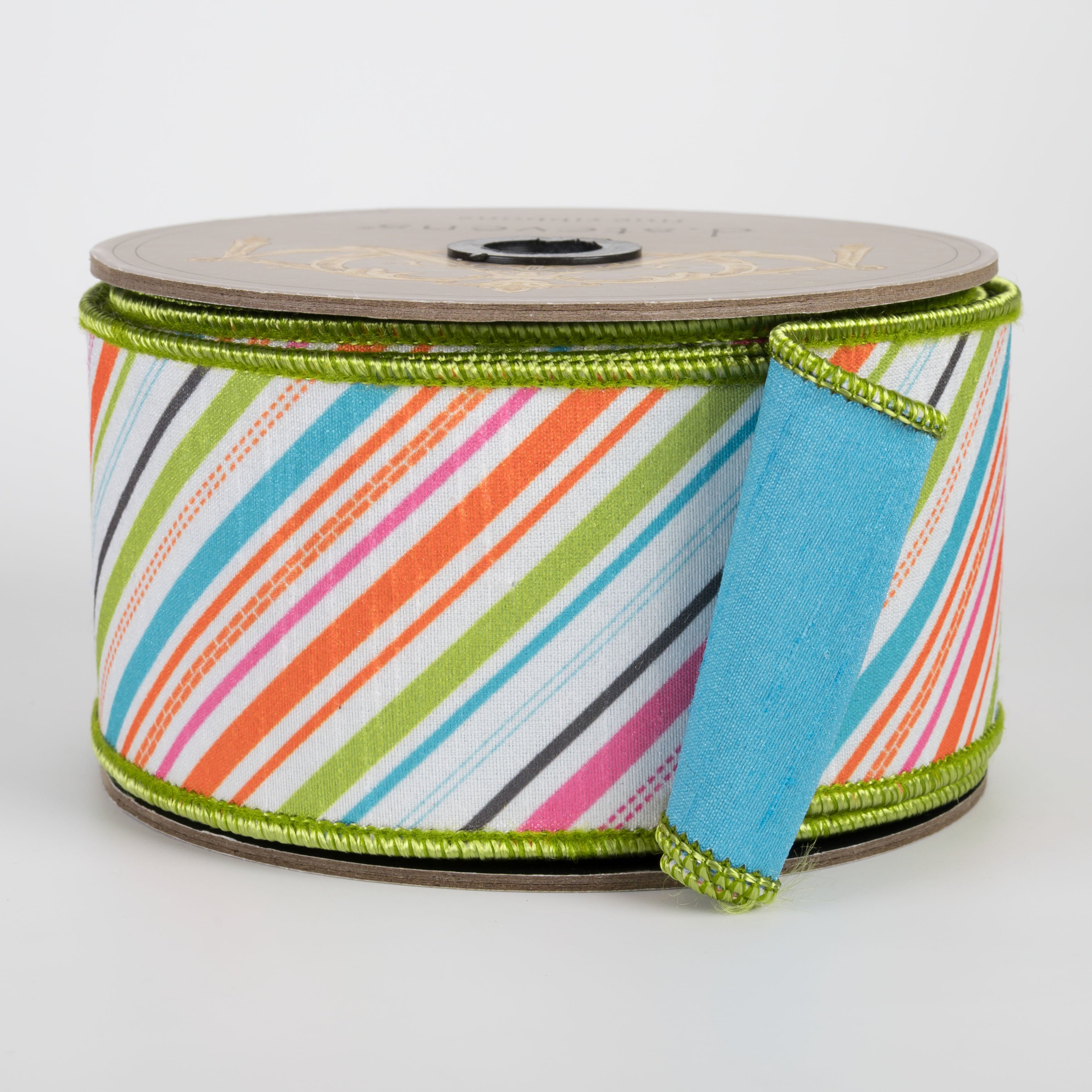 [D Stevens] 2.5" Dupioni Diagonal Stripe Ribbon: Pink, Lime, Orange & Blue (10 Yards) Item Number: 05-1572