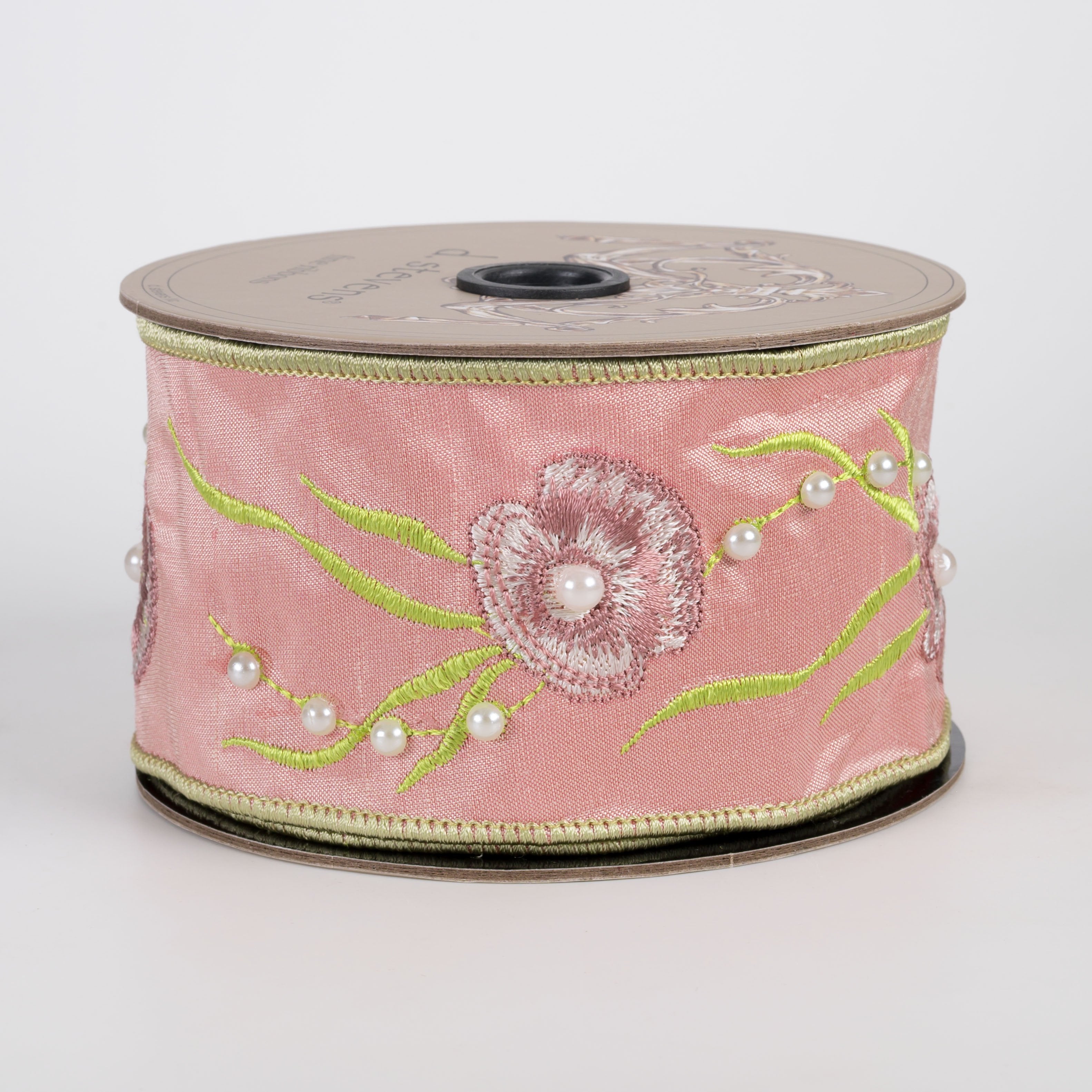 [D Stevens] 2.5" Embroidered Oysters & Pearls Ribbon: Coral Pink (5 Yards) Item Number: 18-4394