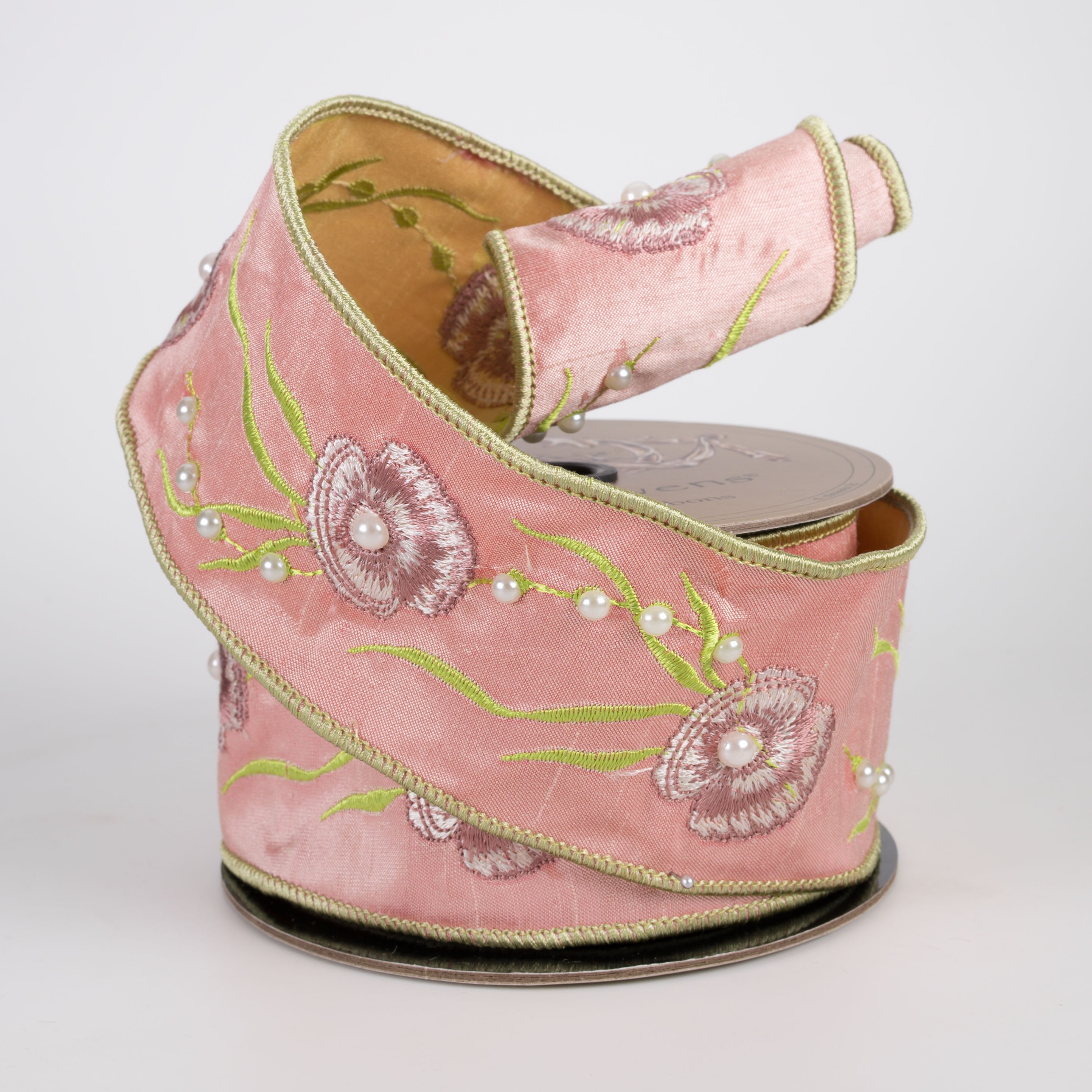 [D Stevens] 2.5" Embroidered Oysters & Pearls Ribbon: Coral Pink (5 Yards) Lifestyle Photo