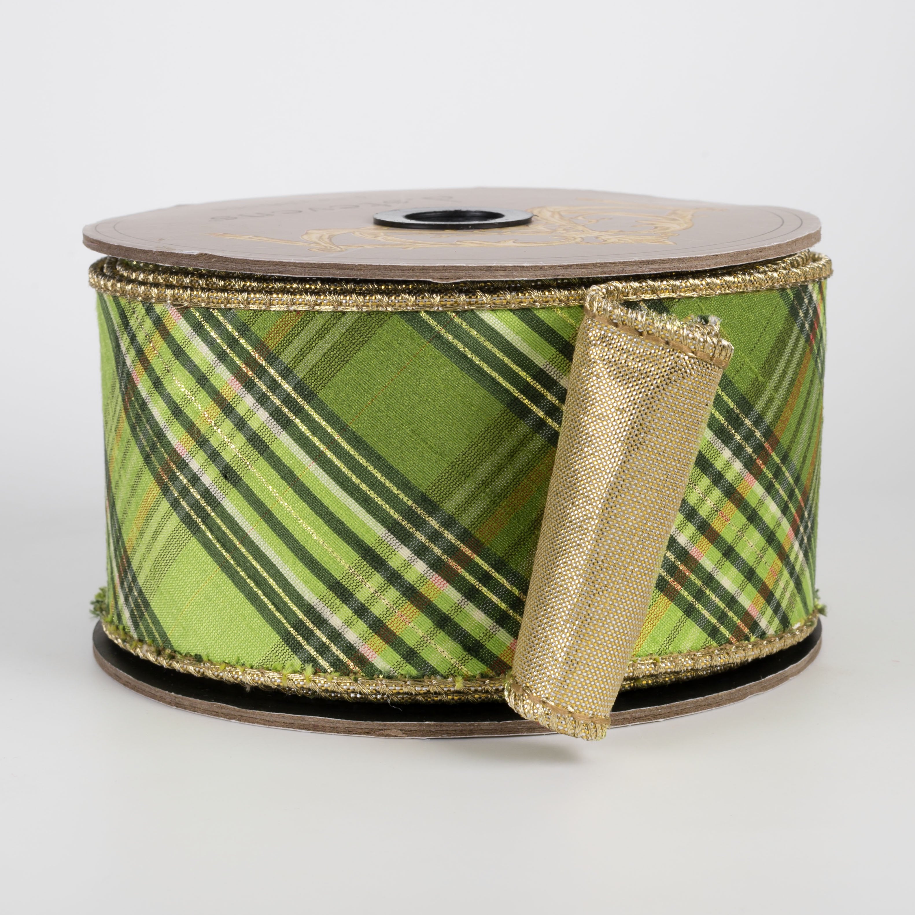 [D Stevens] 2.5" Faux Dupioni Gold Back Bias Cut Plaid Ribbon: Greens (10 Yards) Item Number: 05-1819