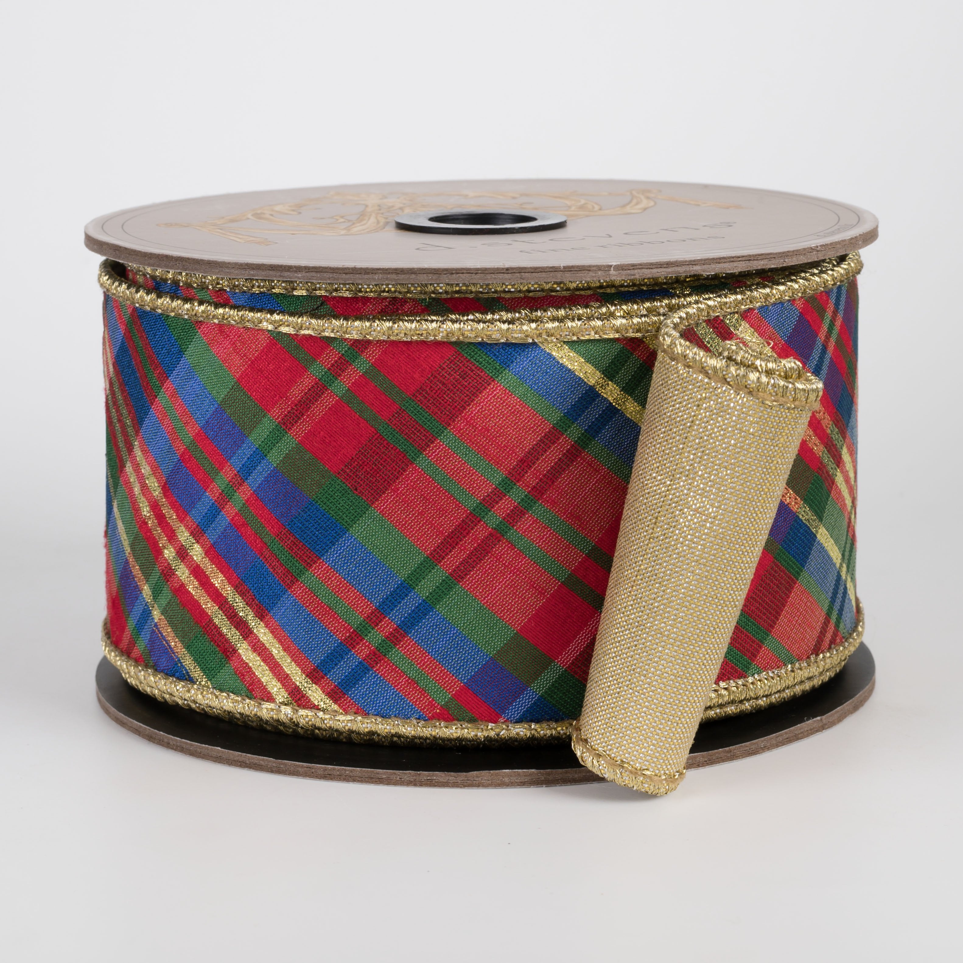[D Stevens] 2.5" Faux Dupioni Gold Back Diagonal Preppy Yuletide Plaid Ribbon (10 Yards) Item Number: 05-0865