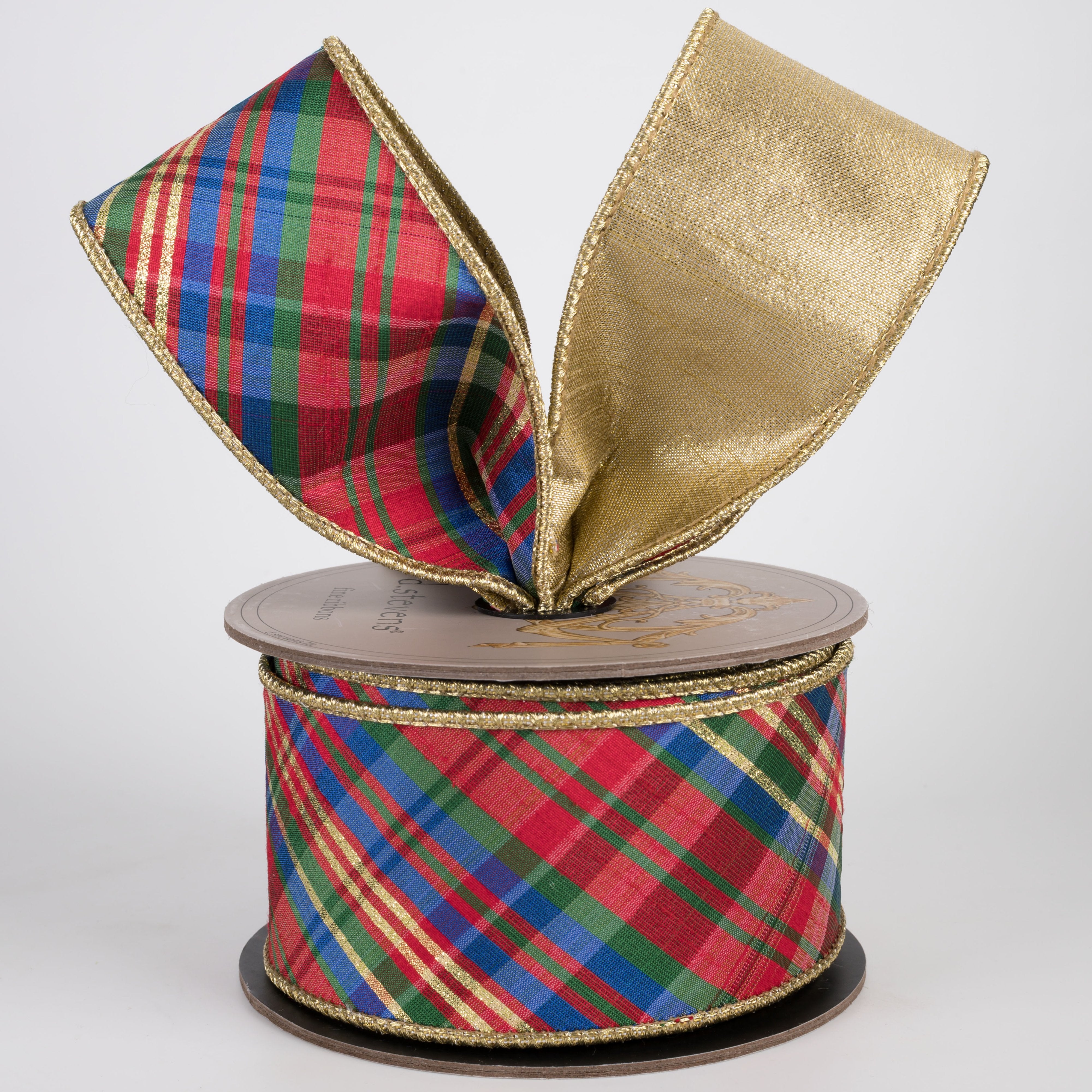 [D Stevens] 2.5" Faux Dupioni Gold Back Diagonal Preppy Yuletide Plaid Ribbon (10 Yards) Lifestyle Photo