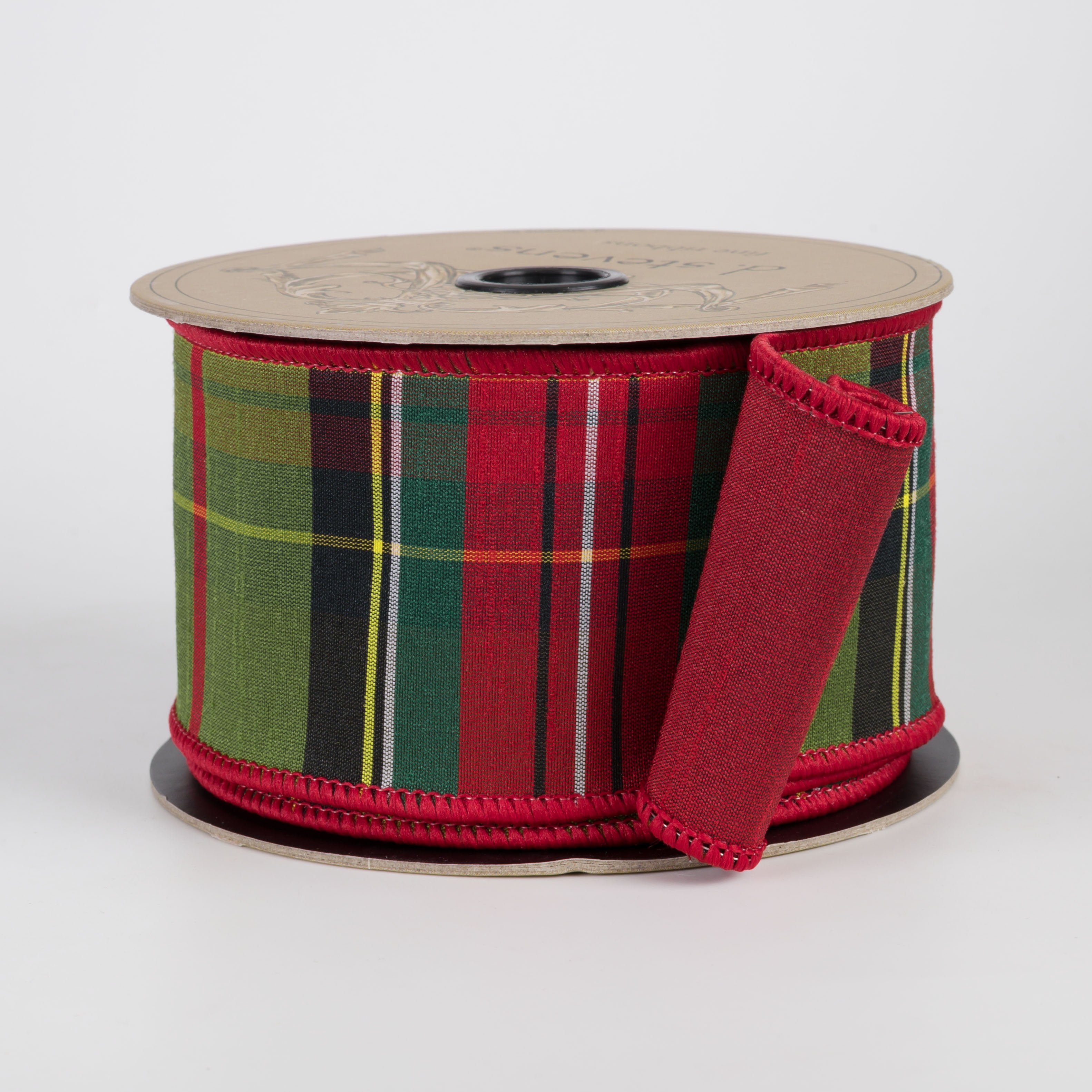 [D Stevens] 2.5" Faux Dupioni Traditional Tartan Ribbon: Red & Moss (10 Yards) Item Number: 88-1641