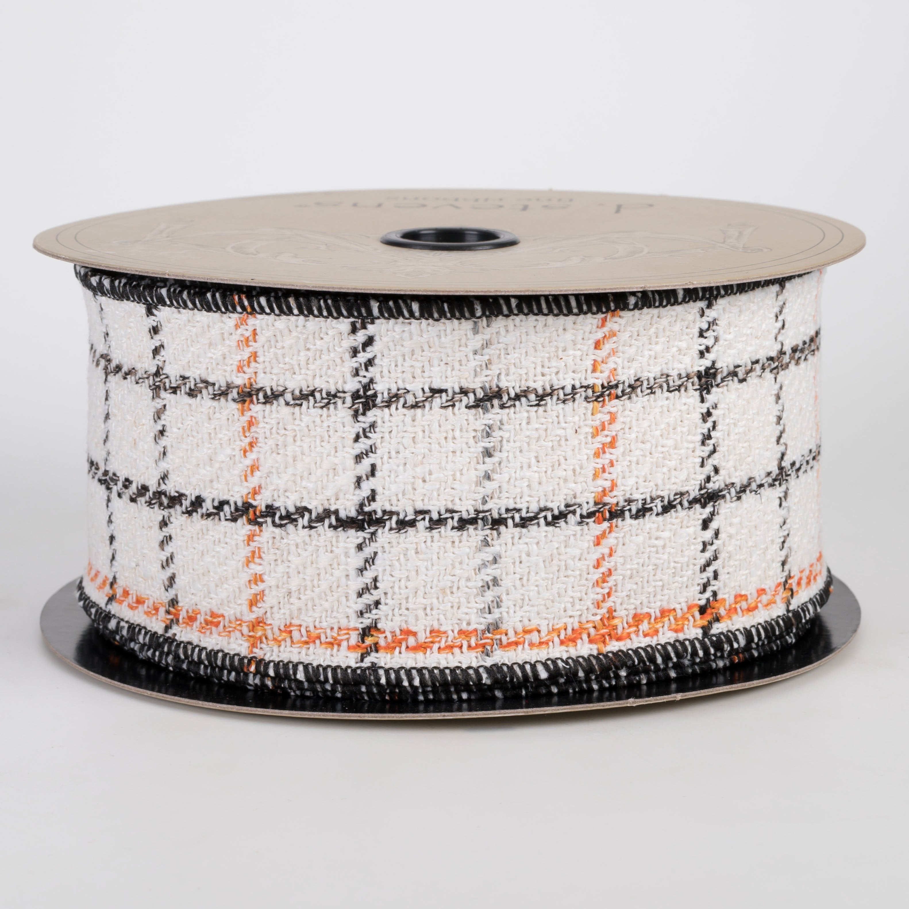 [D Stevens] 2.5" Faux Wool Windowpane Plaid Ribbon: Black, Orange & Ivory (10 Yards) Item Number: 09-3868