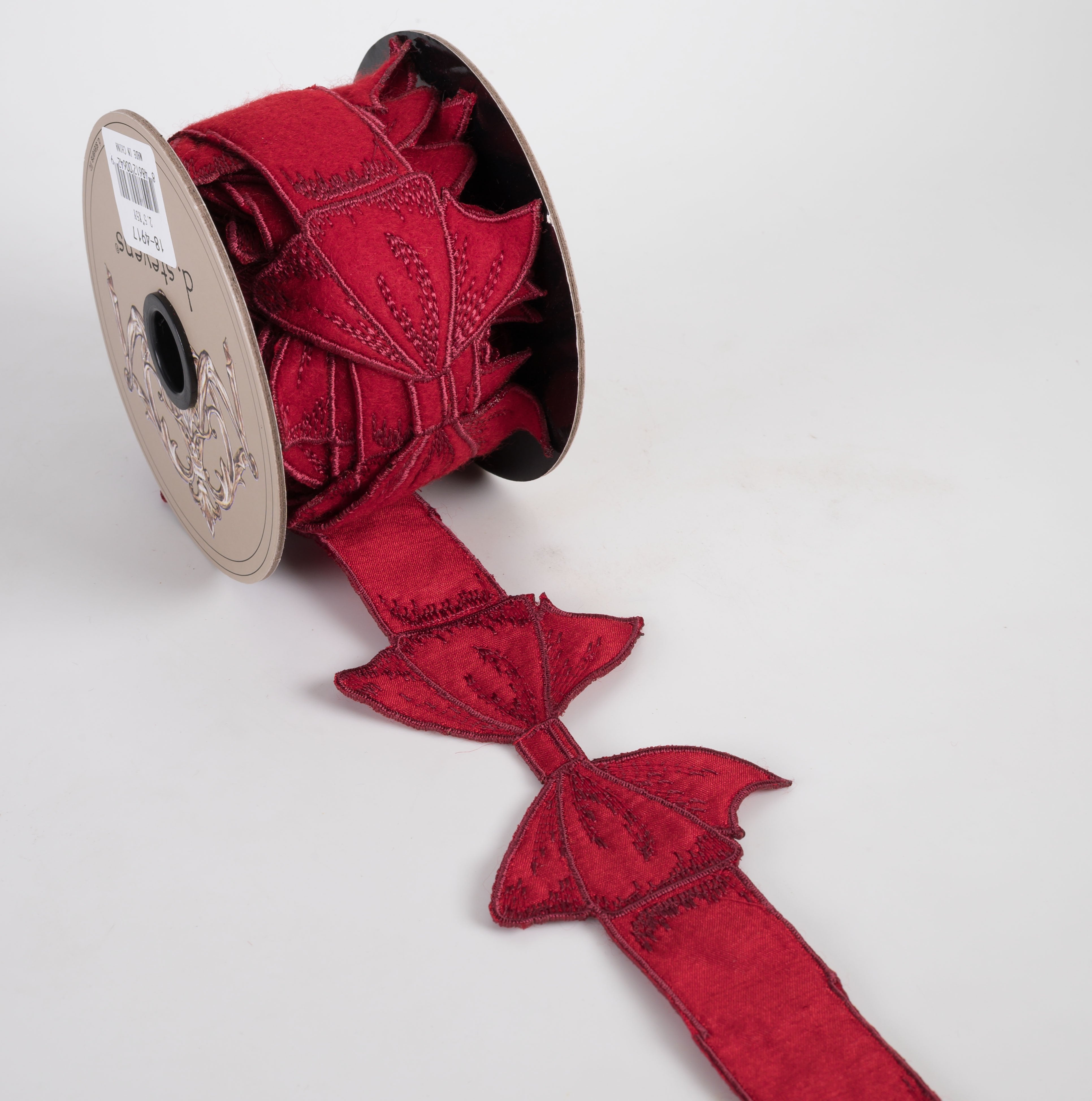 [D Stevens] 2.5" Felt Embroidered Bow Garland Ribbon: Red (5 Yards) detail photo 3