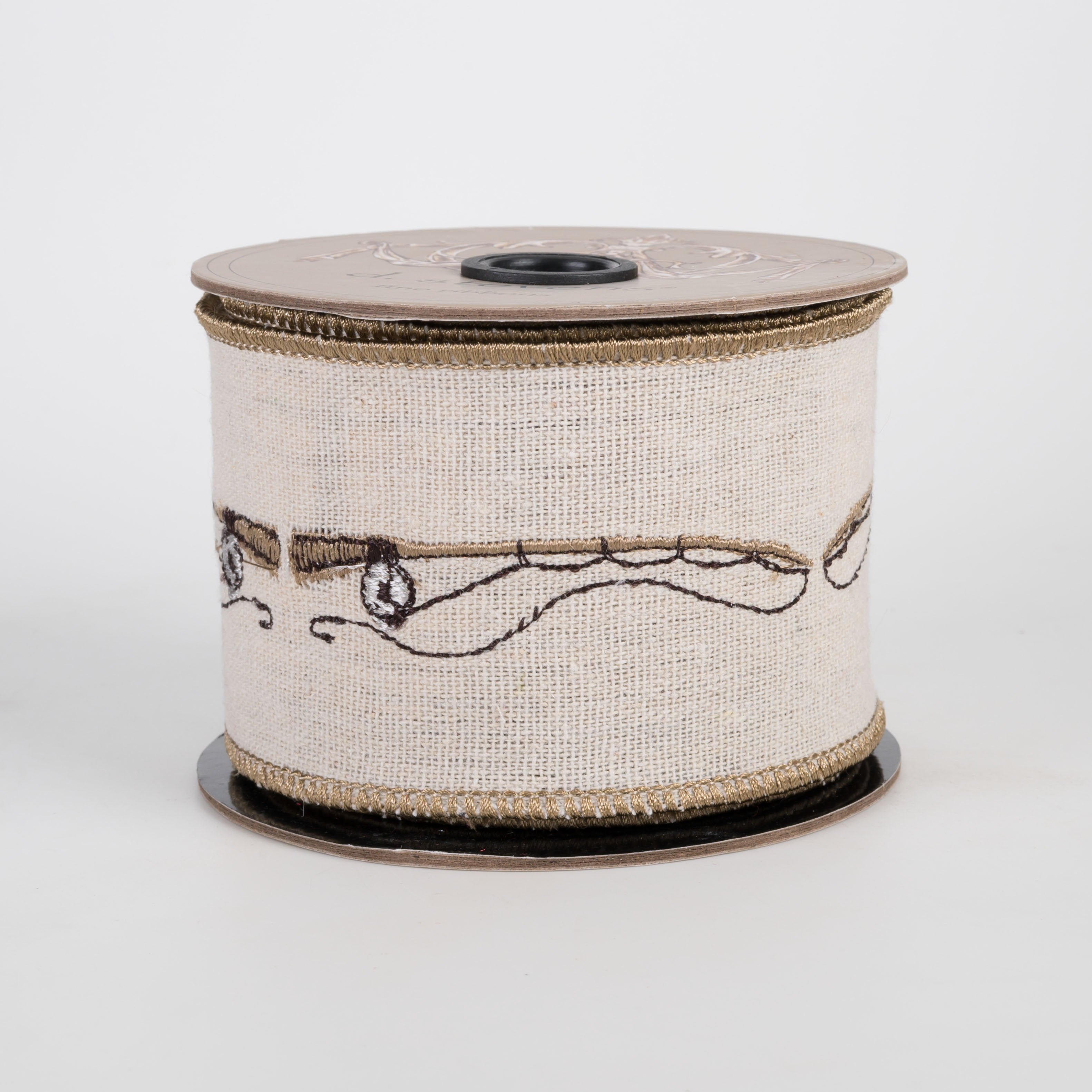[D Stevens] 2.5" Linen Embroidered Fishing Rod Ribbon: Plaid Back Natural (5 Yards) Item Number: 18-4745