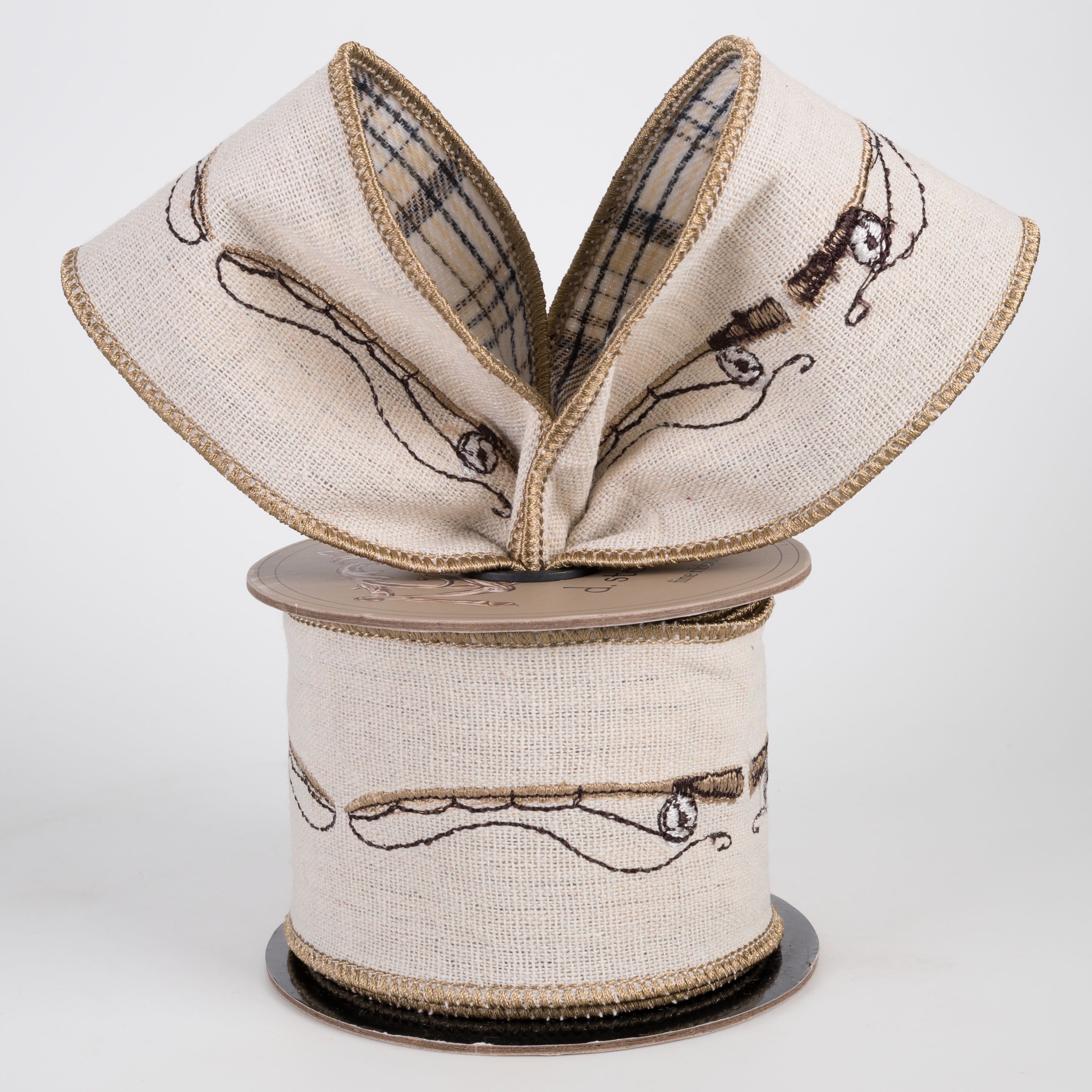 [D Stevens] 2.5" Linen Embroidered Fishing Rod Ribbon: Plaid Back Natural (5 Yards) Lifestyle Photo