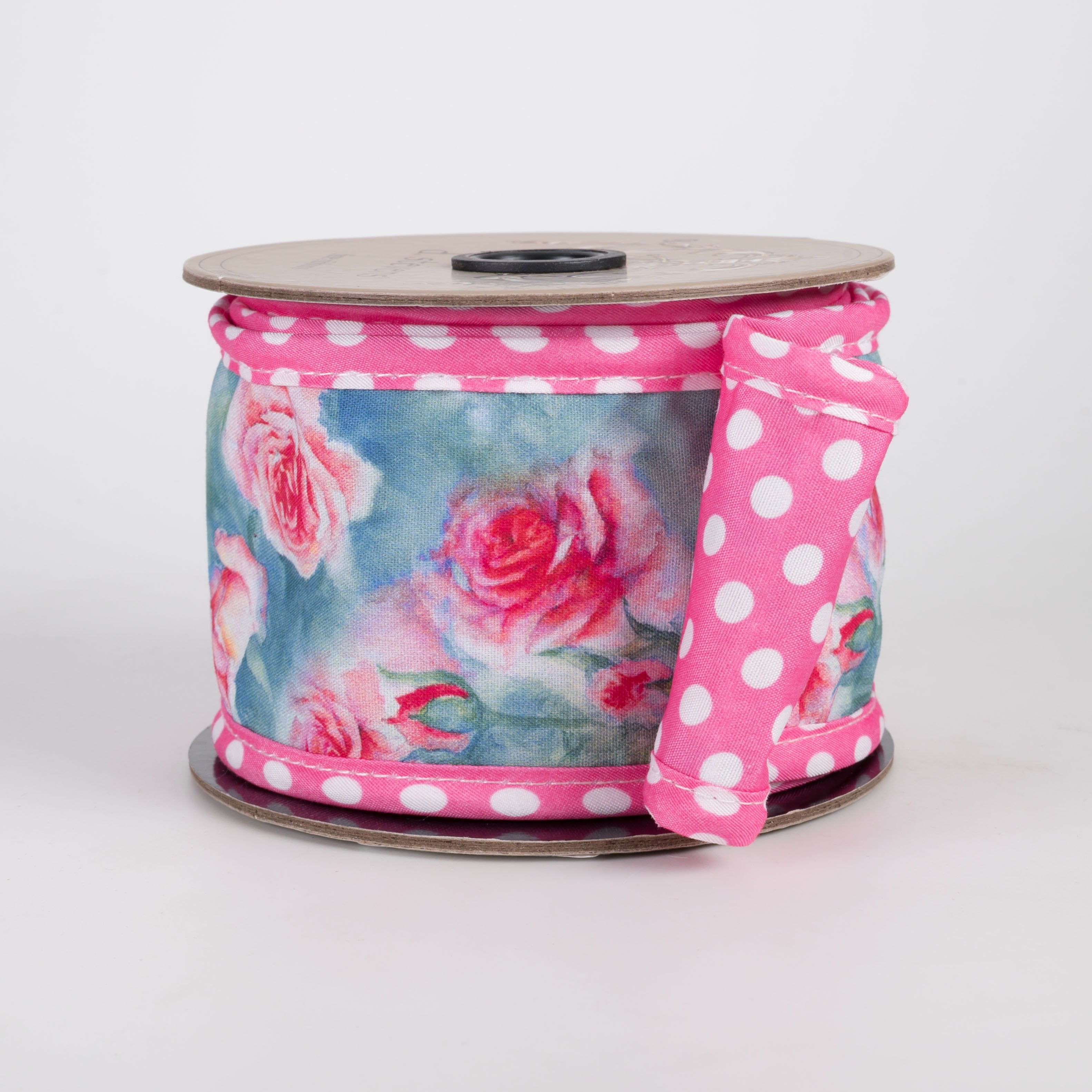 [D Stevens] 2.5" Poplin Mixed Roses Ribbon: Polka Dot Back Pink & Blue (5 Yards) Item Number: 18-4888