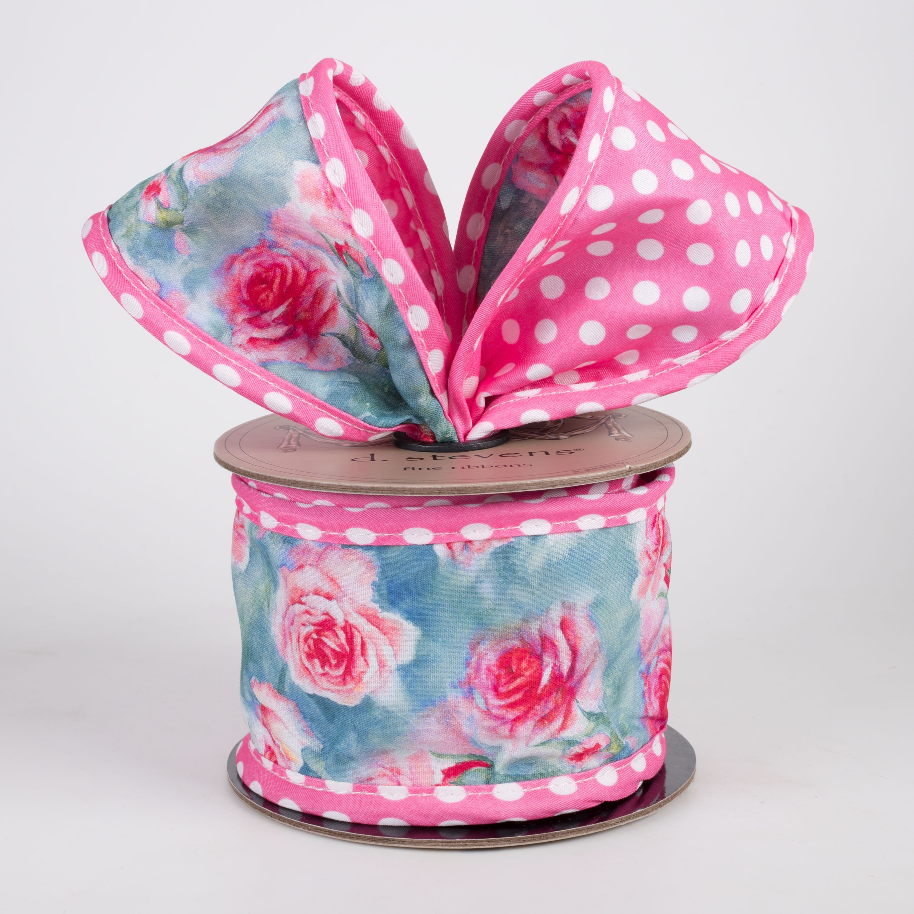 [D Stevens] 2.5" Poplin Mixed Roses Ribbon: Polka Dot Back Pink & Blue (5 Yards) Lifestyle Photo