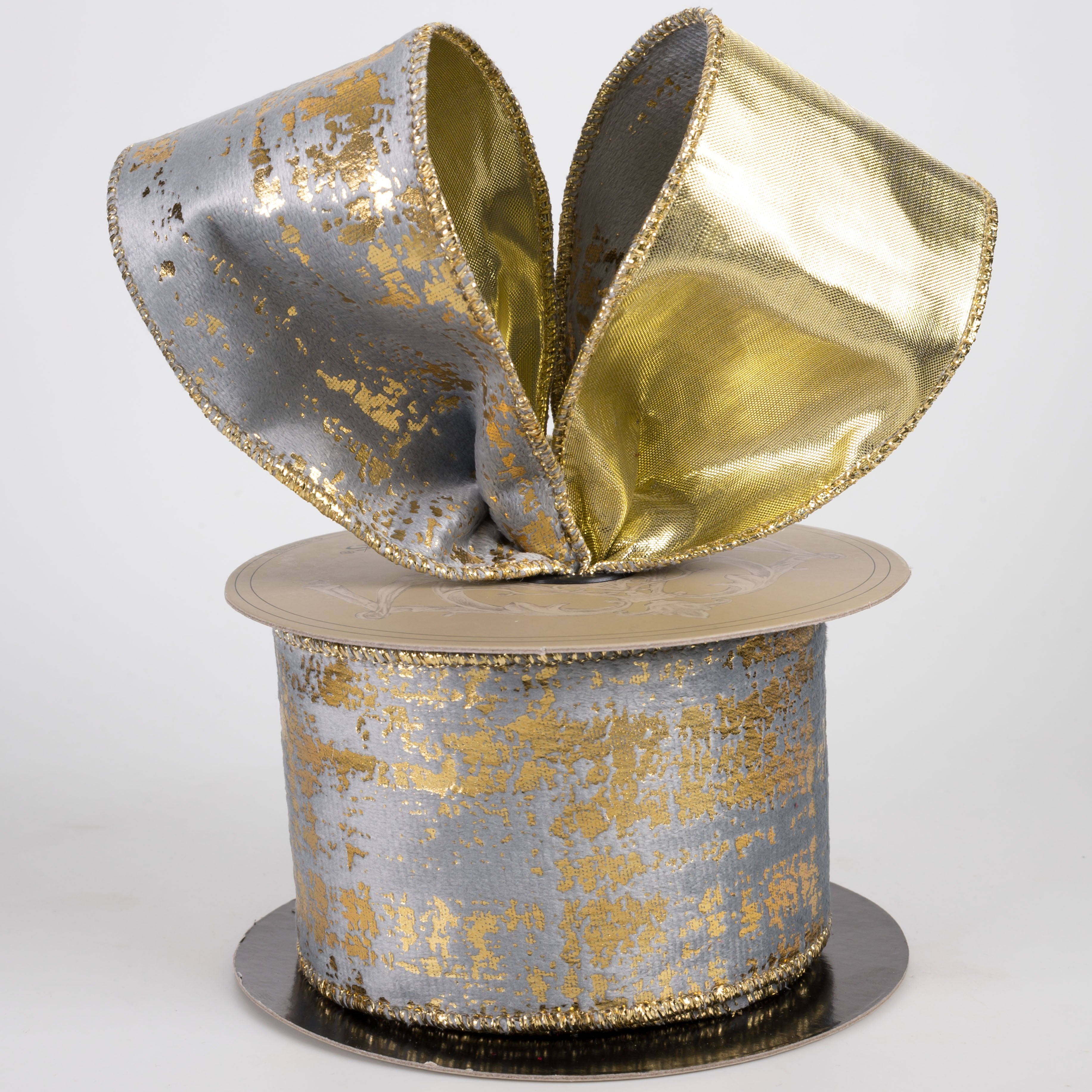 [D Stevens] 2.5" Suede Velvet Burnished Gold Back Ribbon: Grey (10 Yards) Lifestyle Photo
