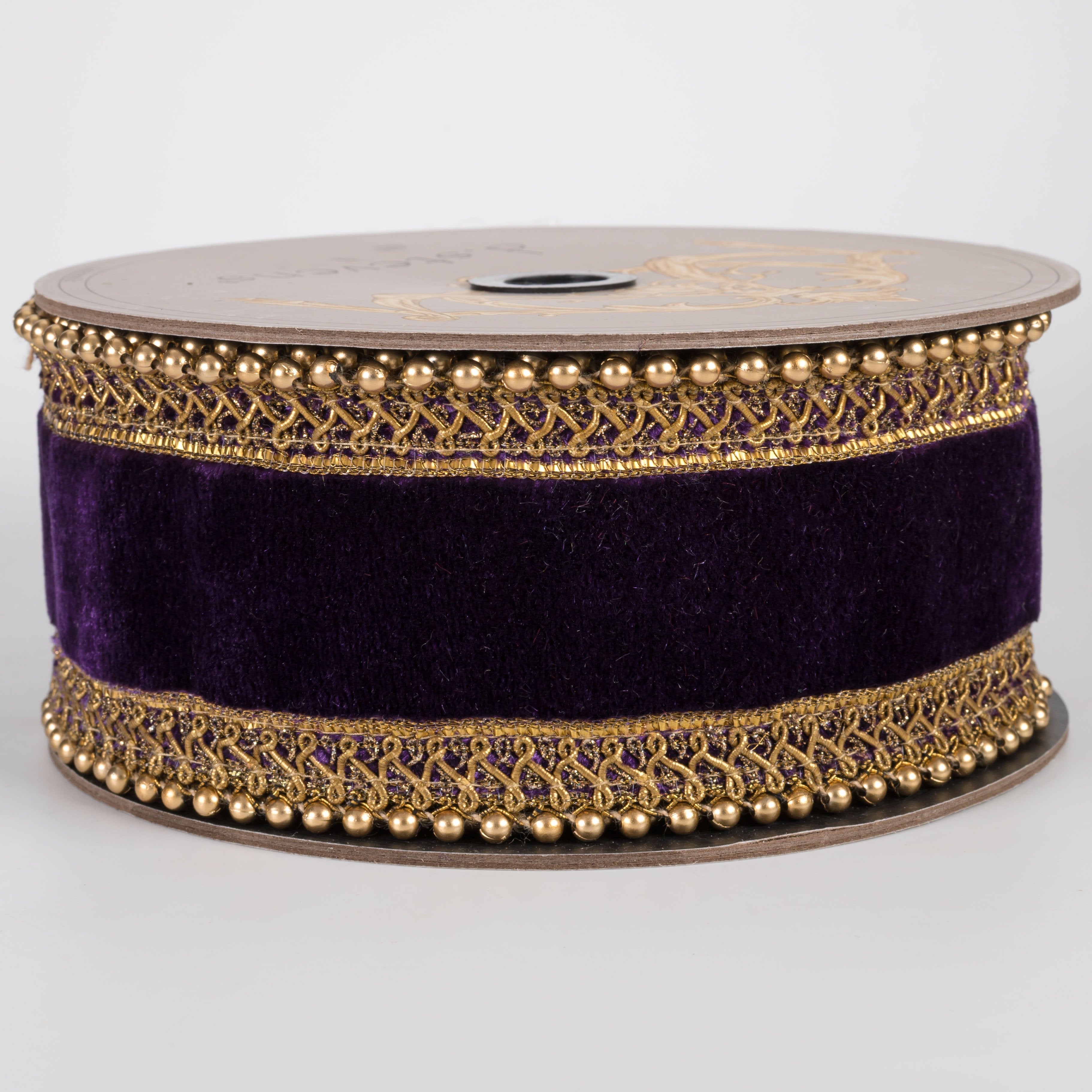 [D Stevens] 2.5" Velvet Antique Gold Bead Trim Ribbon: Aubergine Purple (5 Yards) Item Number: 05-1993