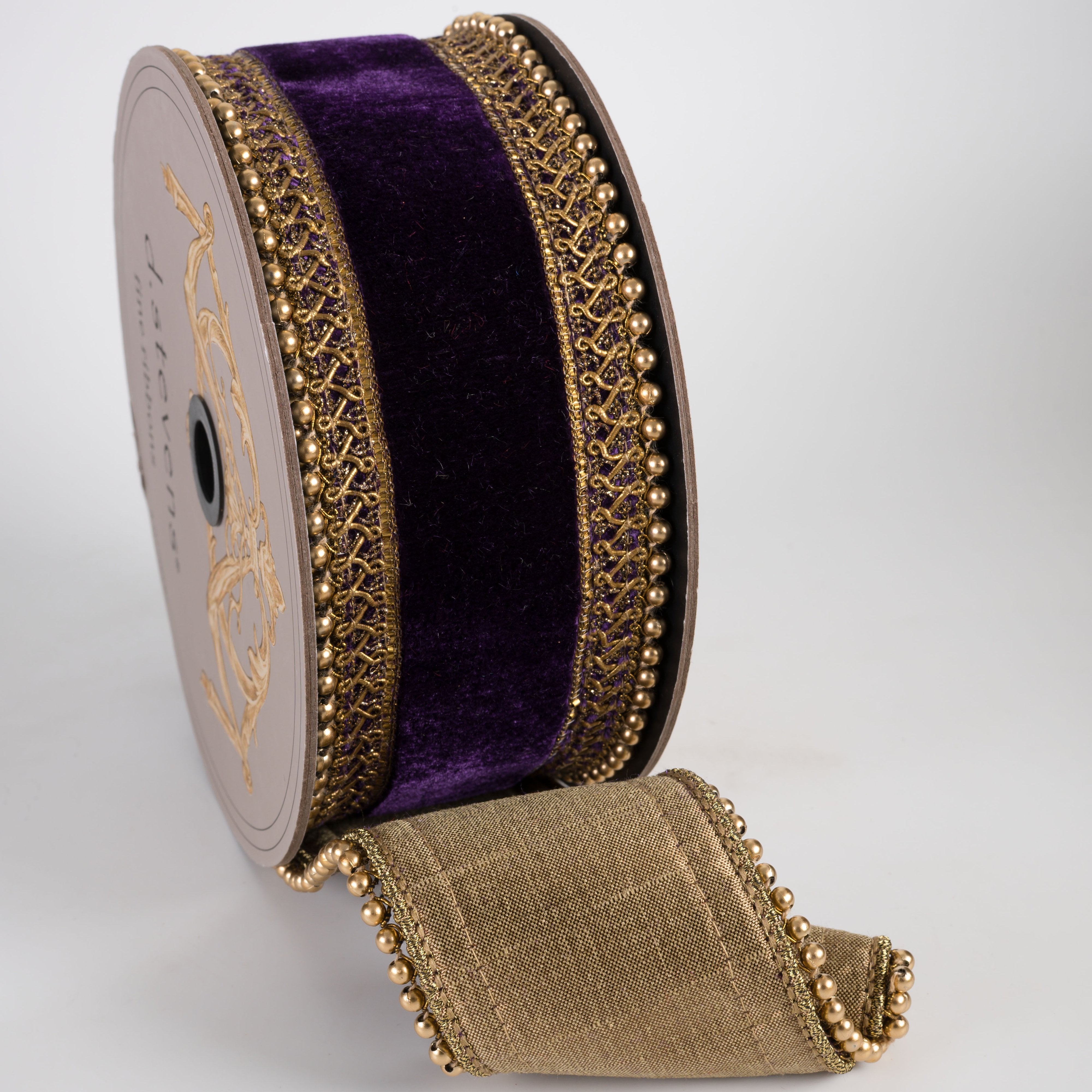 [D Stevens] 2.5" Velvet Antique Gold Bead Trim Ribbon: Aubergine Purple (5 Yards) detail photo 3
