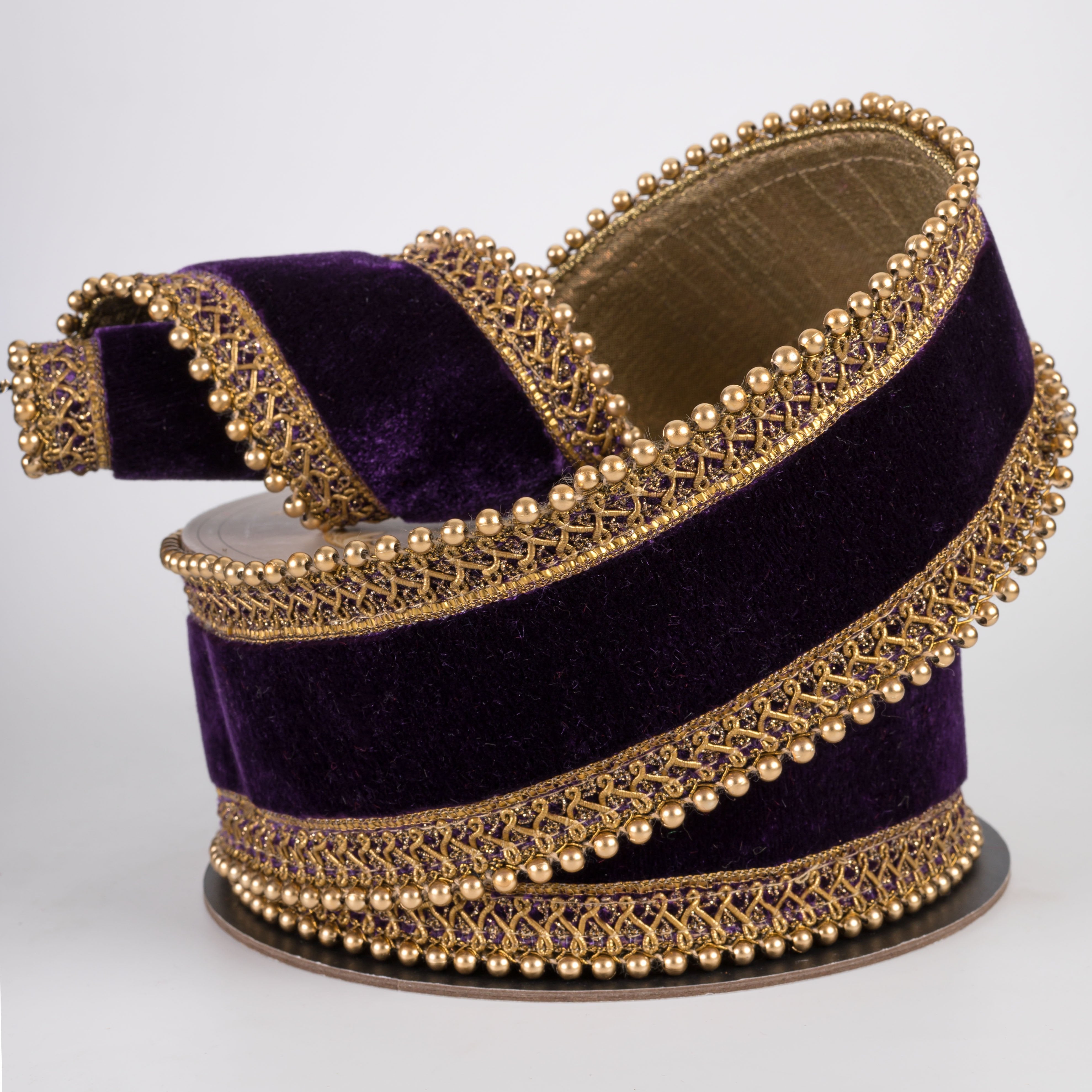 [D Stevens] 2.5" Velvet Antique Gold Bead Trim Ribbon: Aubergine Purple (5 Yards) Lifestyle Photo