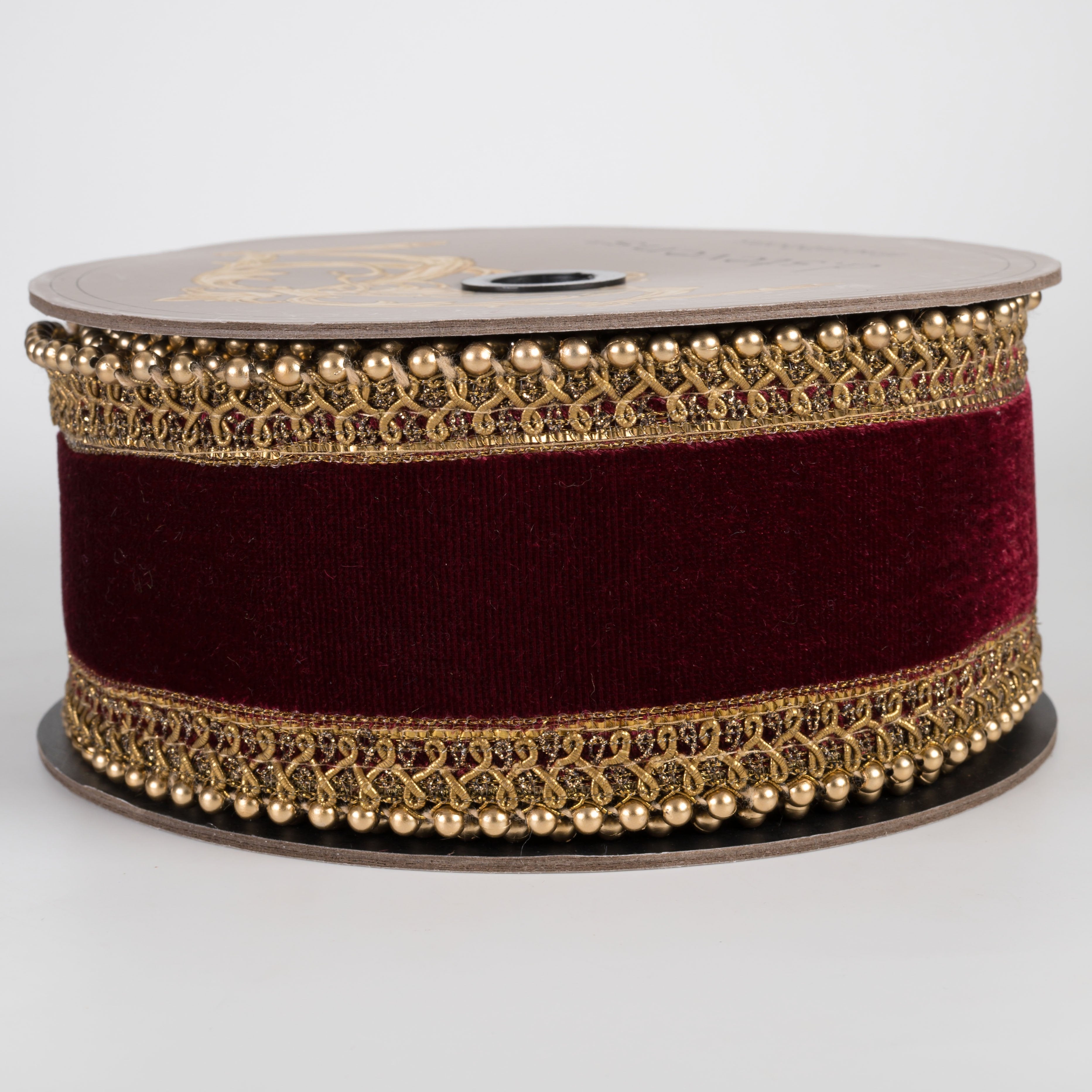 [D Stevens] 2.5" Velvet Antique Gold Bead Trim Ribbon: Burgundy Red (5 Yards) Item Number: 05-1989