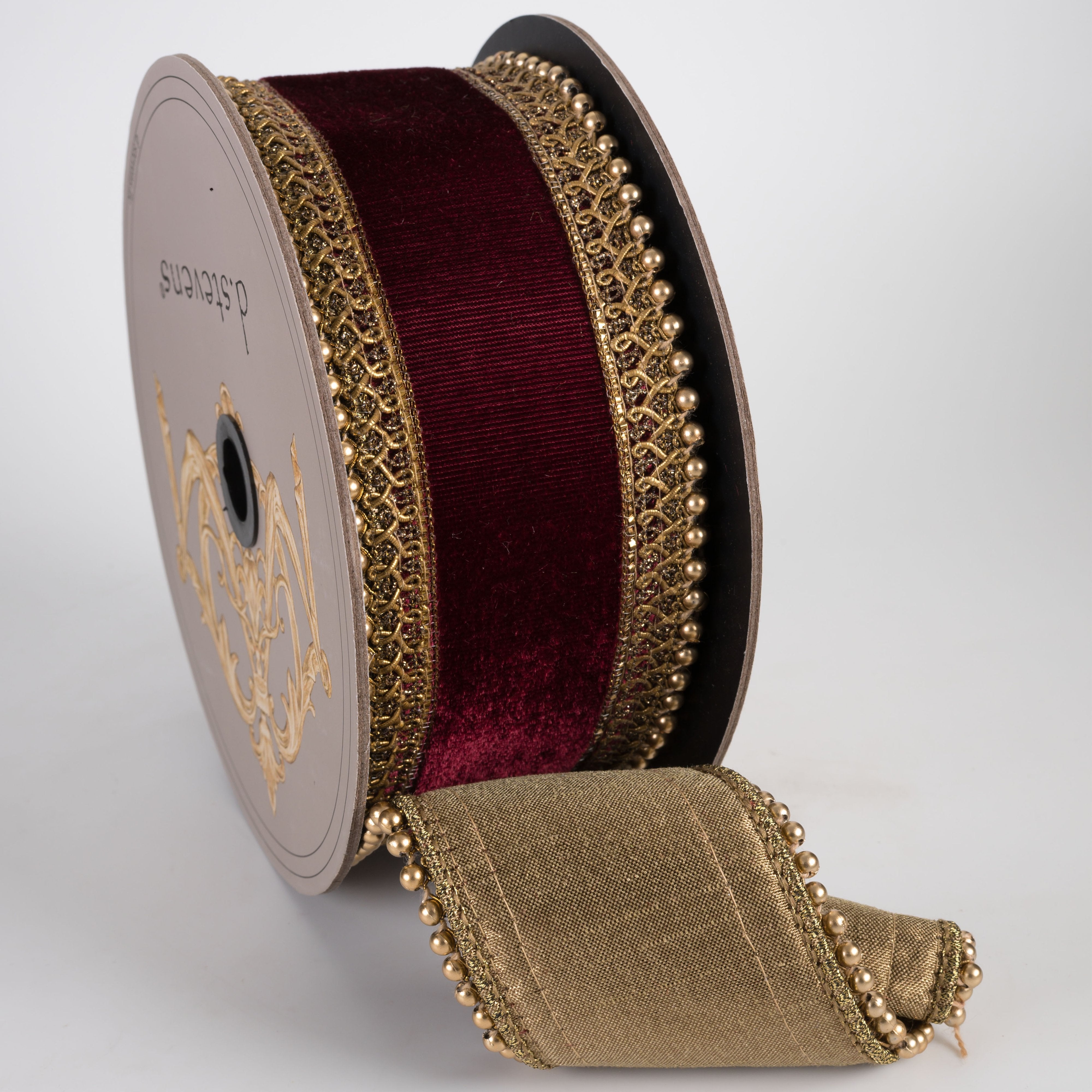 [D Stevens] 2.5" Velvet Antique Gold Bead Trim Ribbon: Burgundy Red (5 Yards) detail photo 3