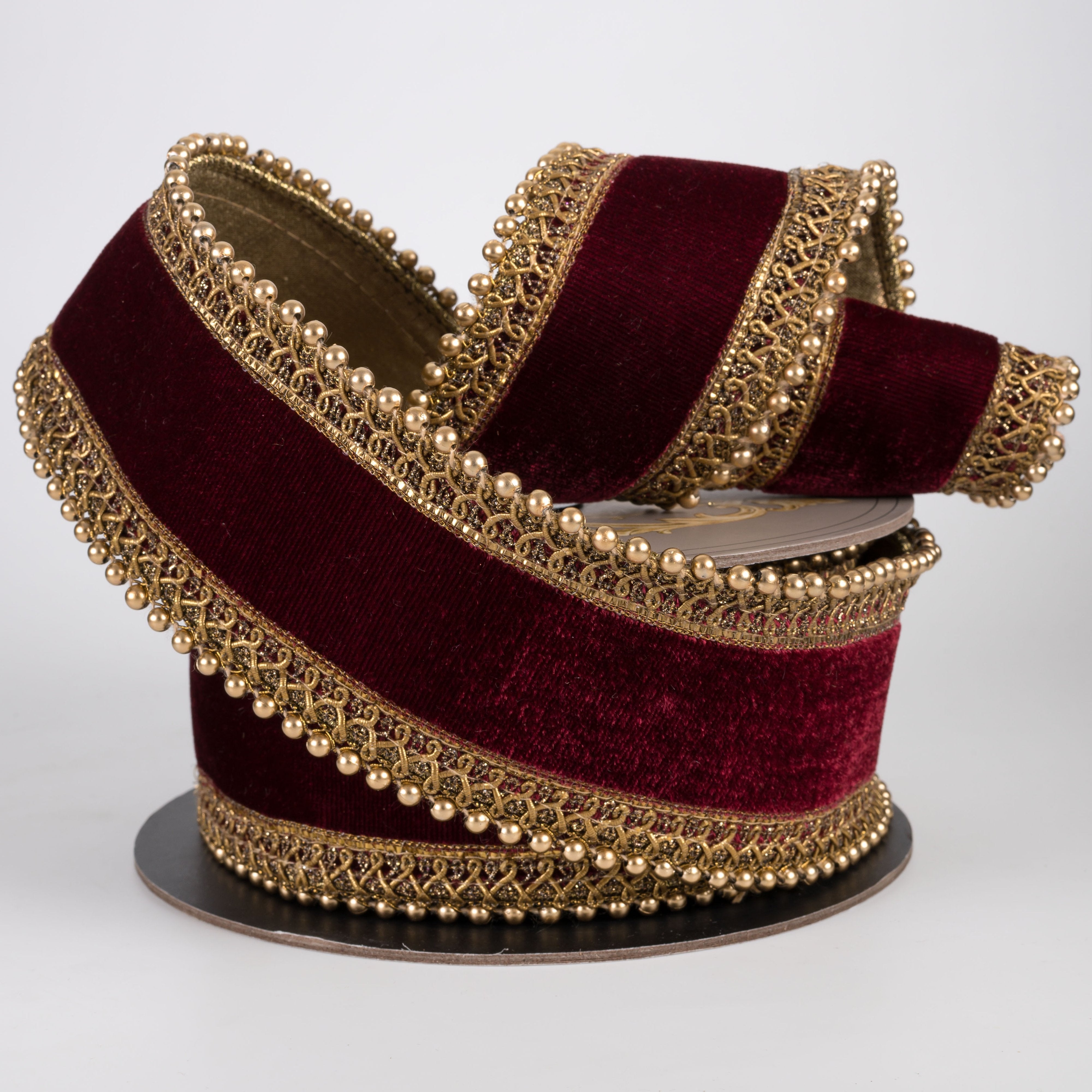 [D Stevens] 2.5" Velvet Antique Gold Bead Trim Ribbon: Burgundy Red (5 Yards) Lifestyle Photo