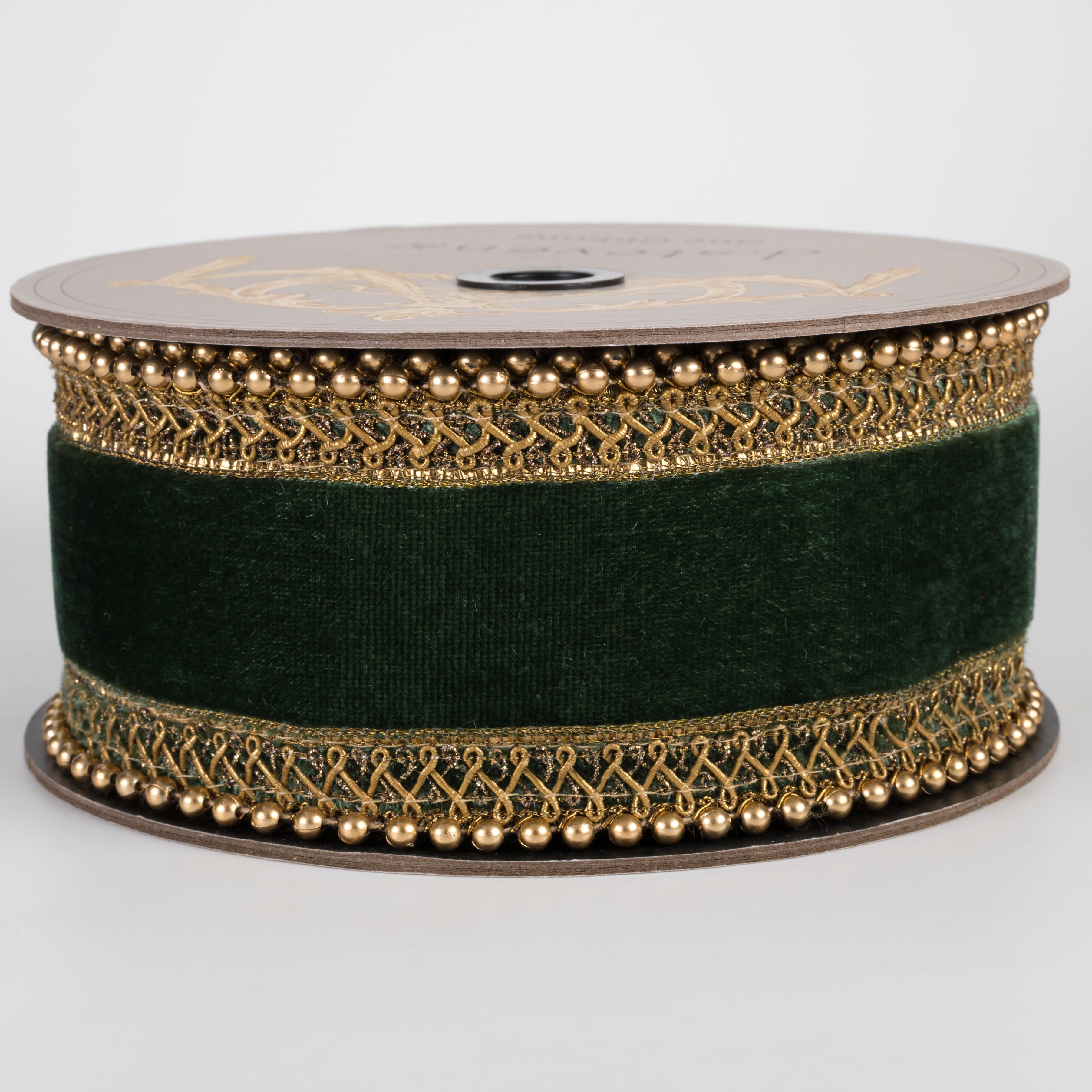 [D Stevens] 2.5" Velvet Antique Gold Bead Trim Ribbon: Dark Green (5 Yards) Item Number: 05-1991