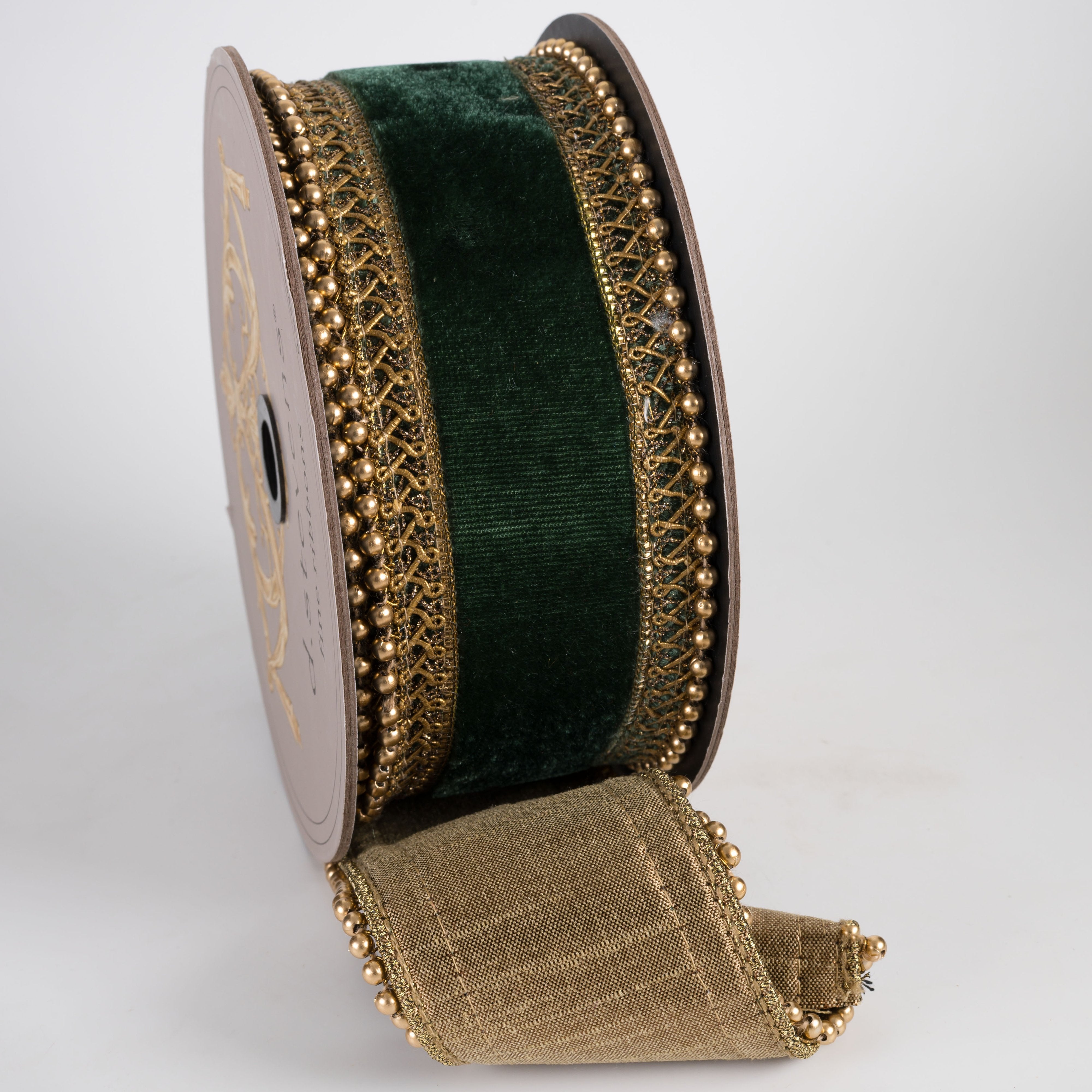 [D Stevens] 2.5" Velvet Antique Gold Bead Trim Ribbon: Dark Green (5 Yards) detail photo 3