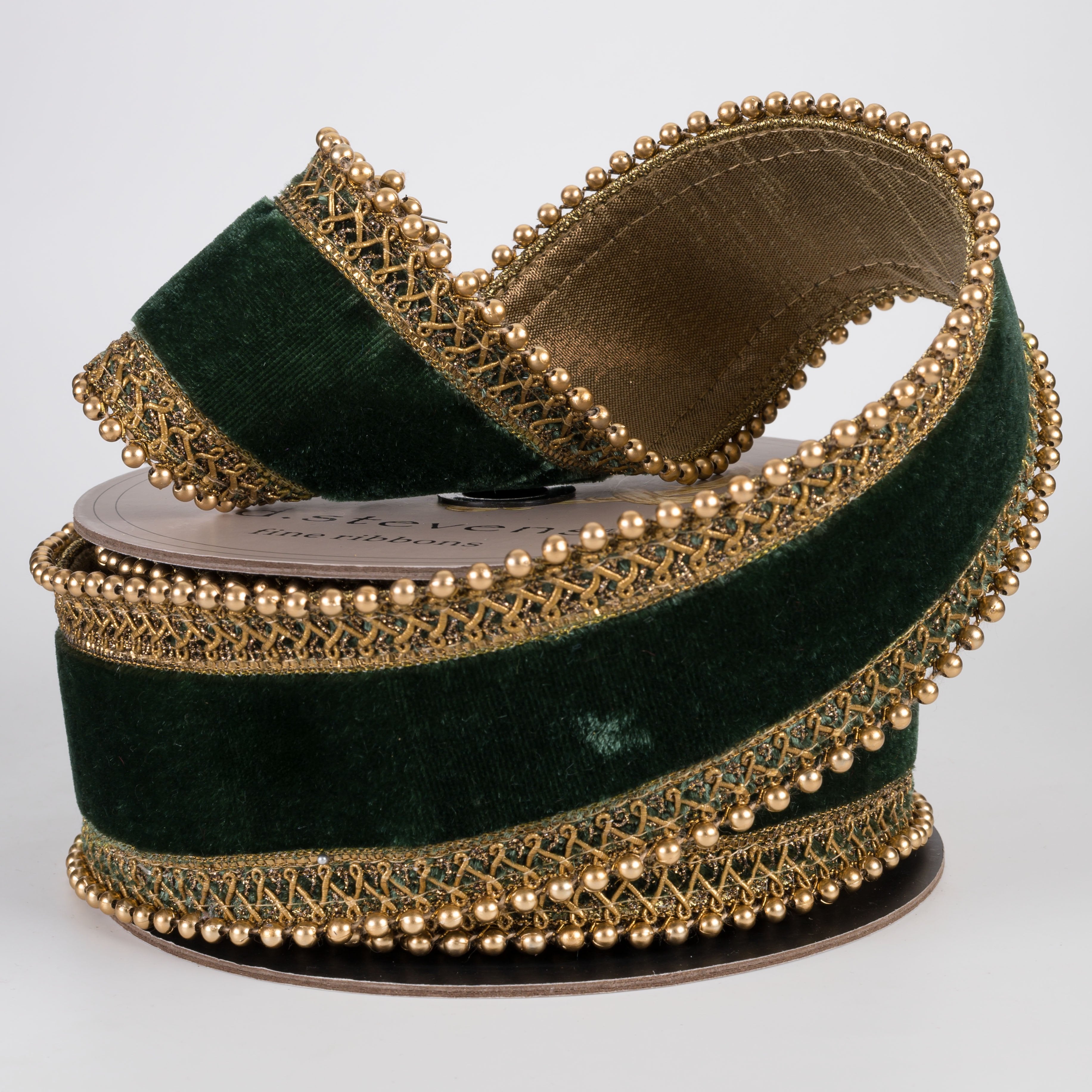 [D Stevens] 2.5" Velvet Antique Gold Bead Trim Ribbon: Dark Green (5 Yards) Lifestyle Photo