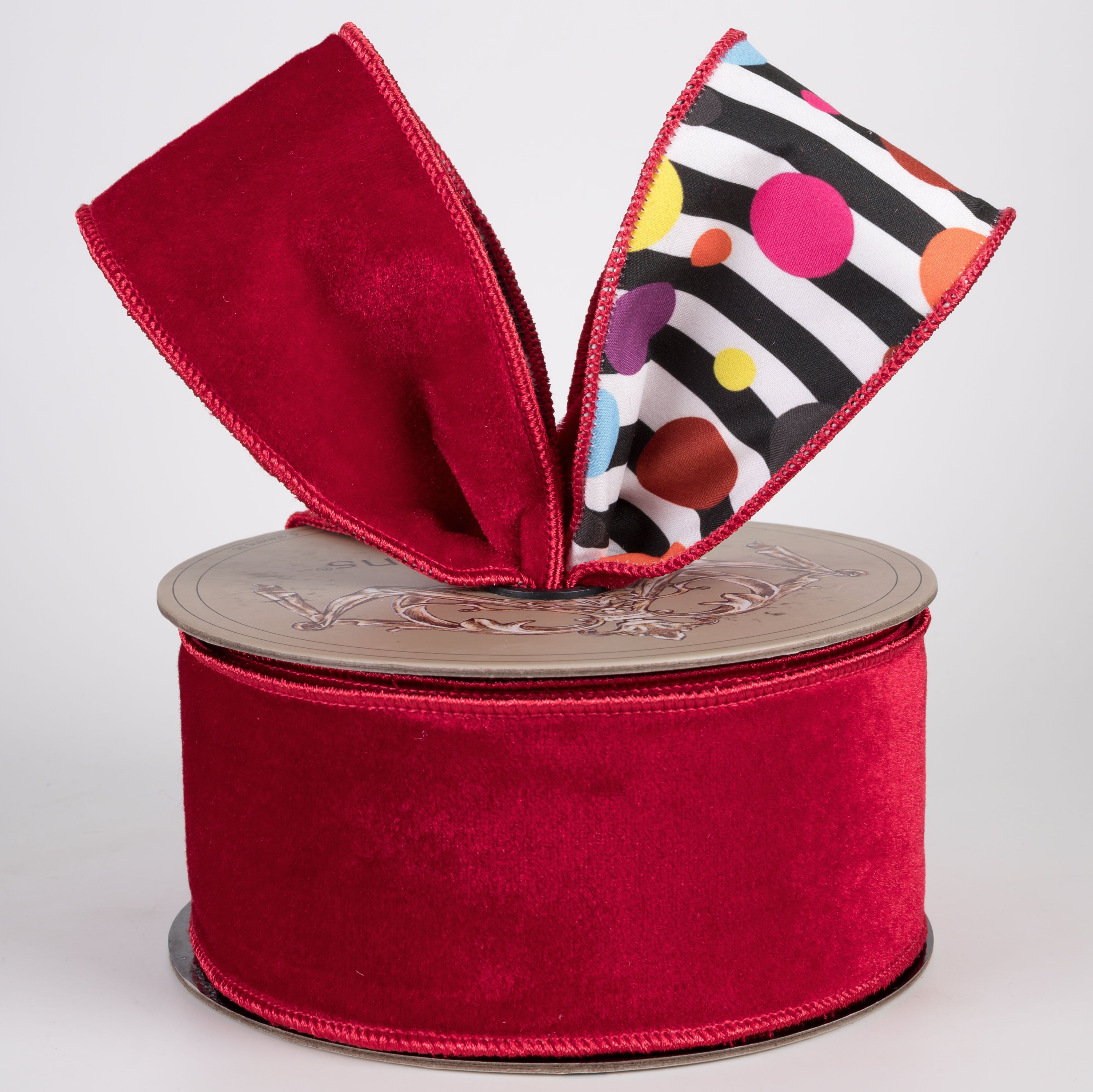 [D Stevens] 2.5" Velvet & Polka Dots on B&W Stripes Ribbon: Red (10 Yards) Lifestyle Photo