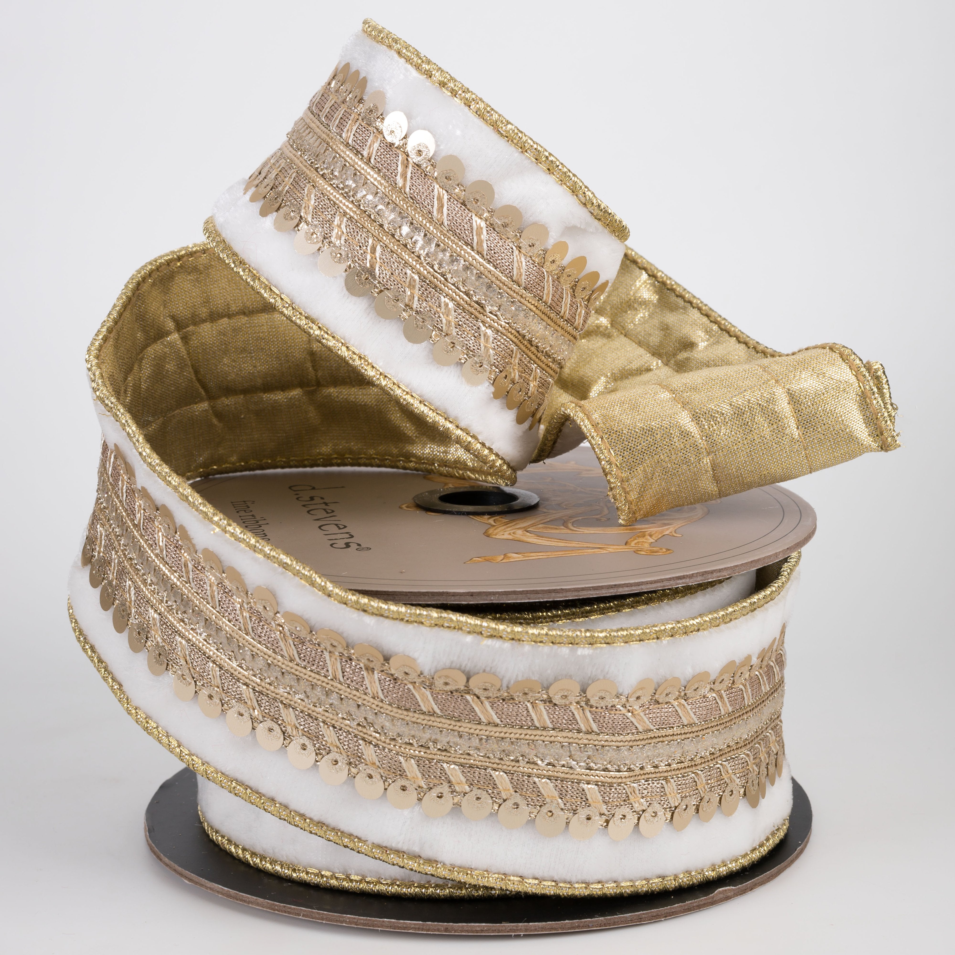 [D Stevens] 2.5" Velvet Sequin Asbourne Trim Ribbon: Winter White & Light Gold (5 Yards) Lifestyle Photo