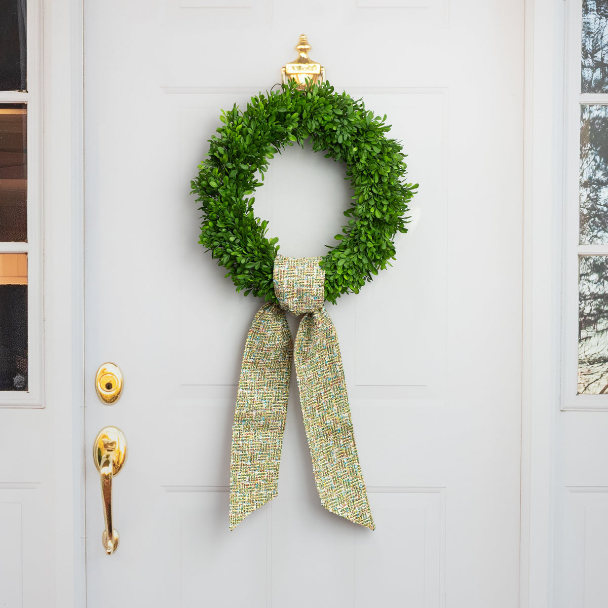 [D Stevens] 4" x 56" Blissful Boucle Wreath Sash: White, Gold, Blue & Green Lifestyle Photo
