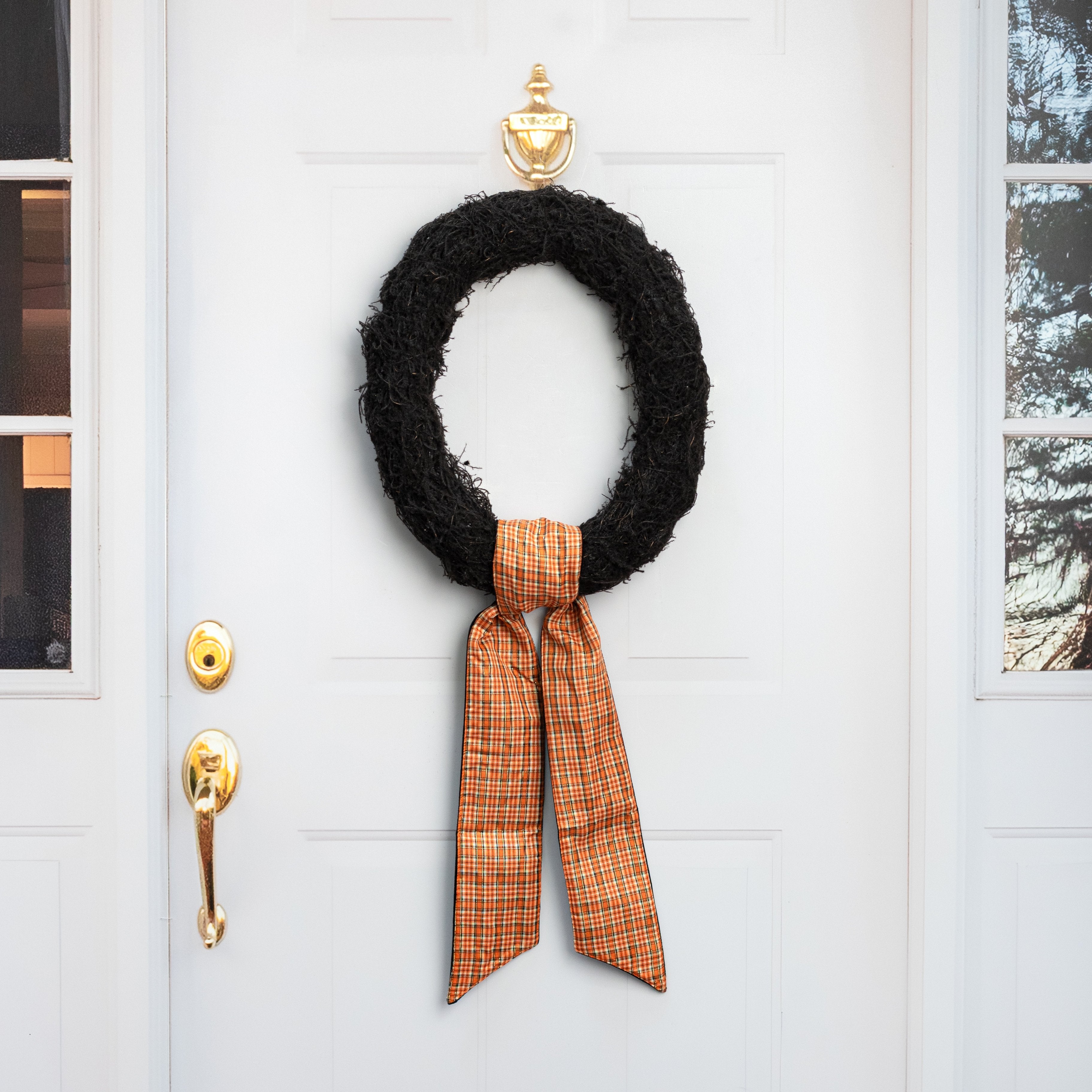 [D Stevens] 4" x 56" Poplin Wallace Autumn Plaid Wreath Sash: Orange & Black Lifestyle Photo