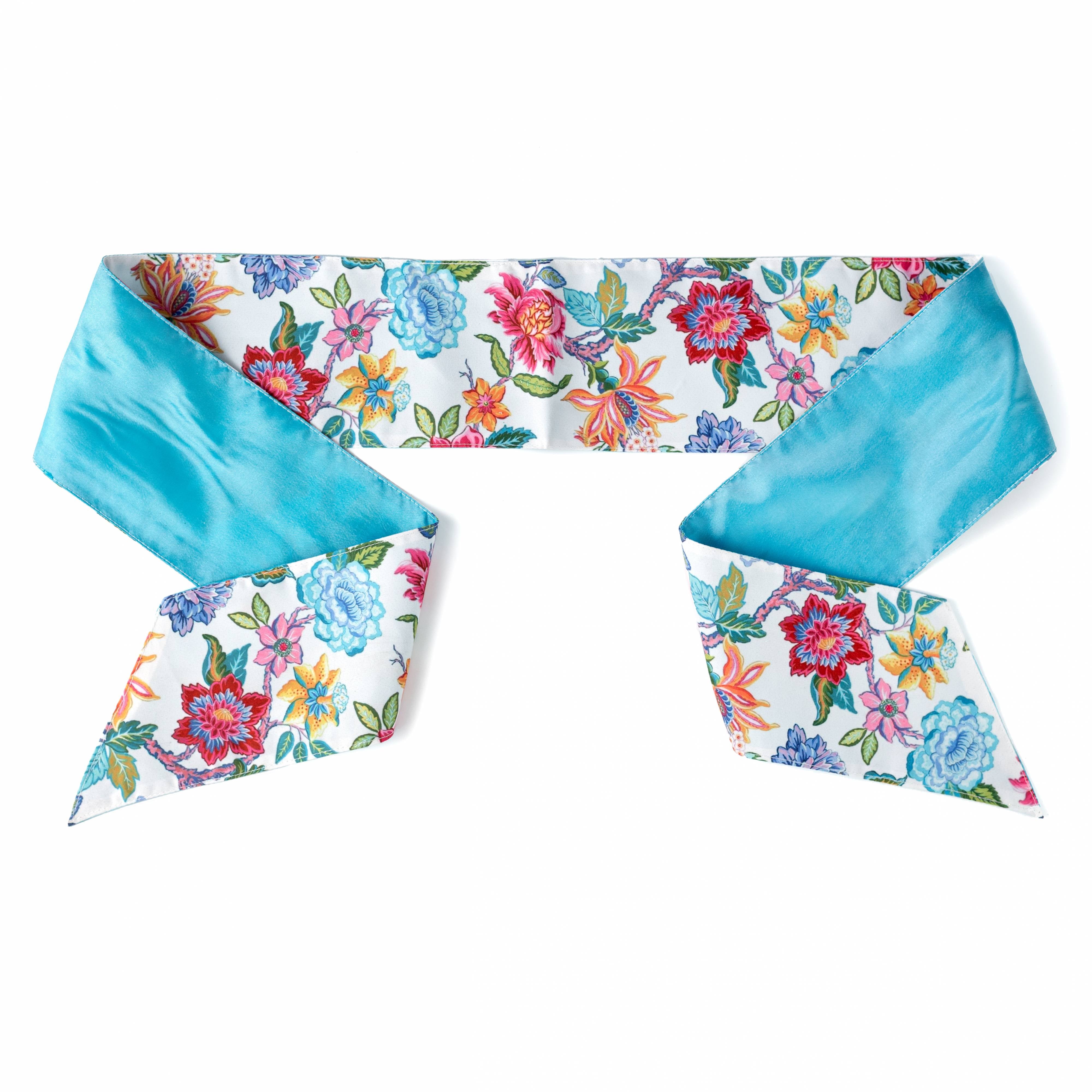 [D Stevens] 4" x 56" Poplin Wreath Sash: Mixed Colorful Florals & Blue Satin Item Number: 18-4806