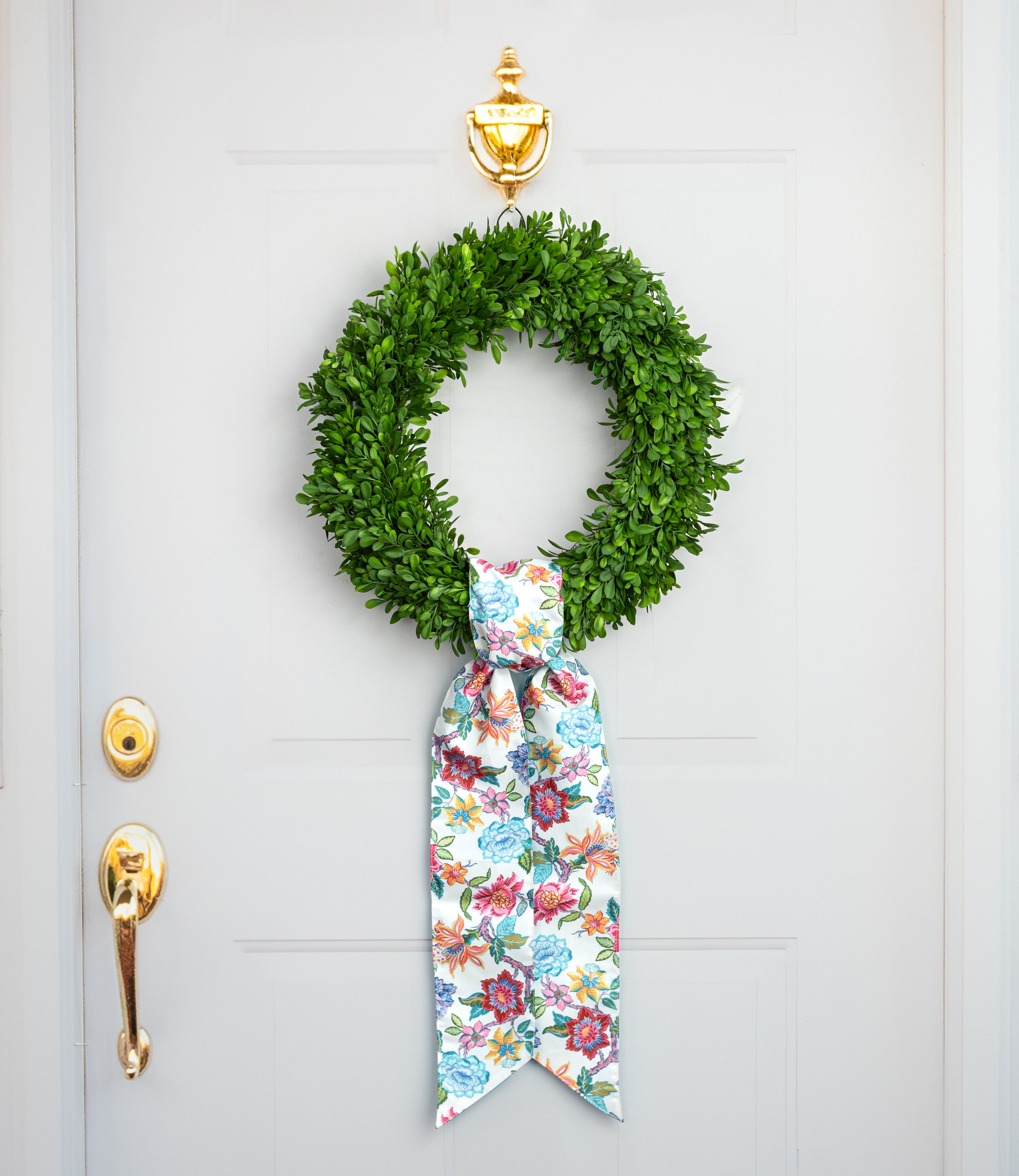 [D Stevens] 4" x 56" Poplin Wreath Sash: Mixed Colorful Florals & Blue Satin Lifestyle Photo