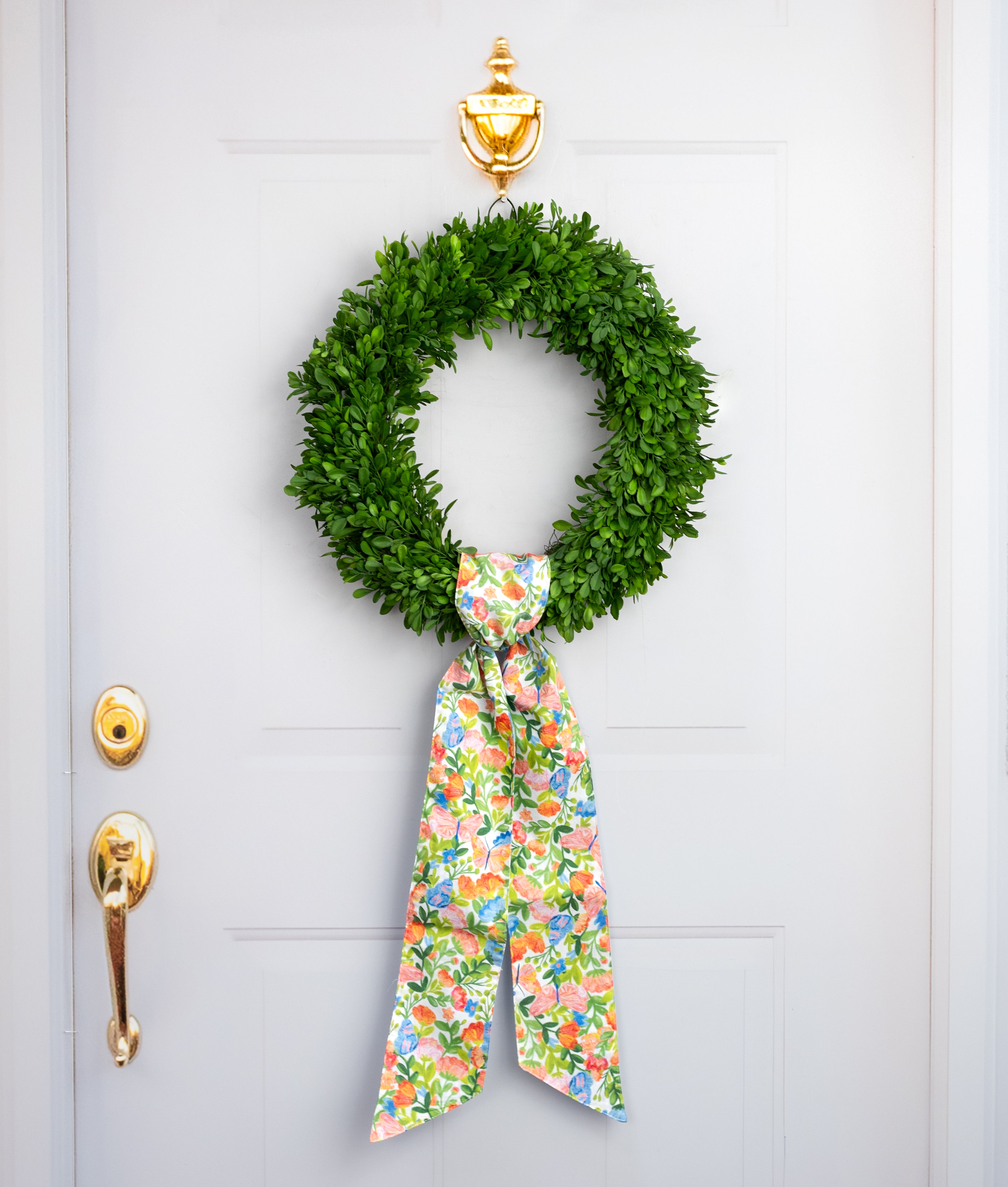 [D Stevens] 4" x 56" Poplin Wreath Sash: Mixed Spring Florals & Blue Check Lifestyle Photo