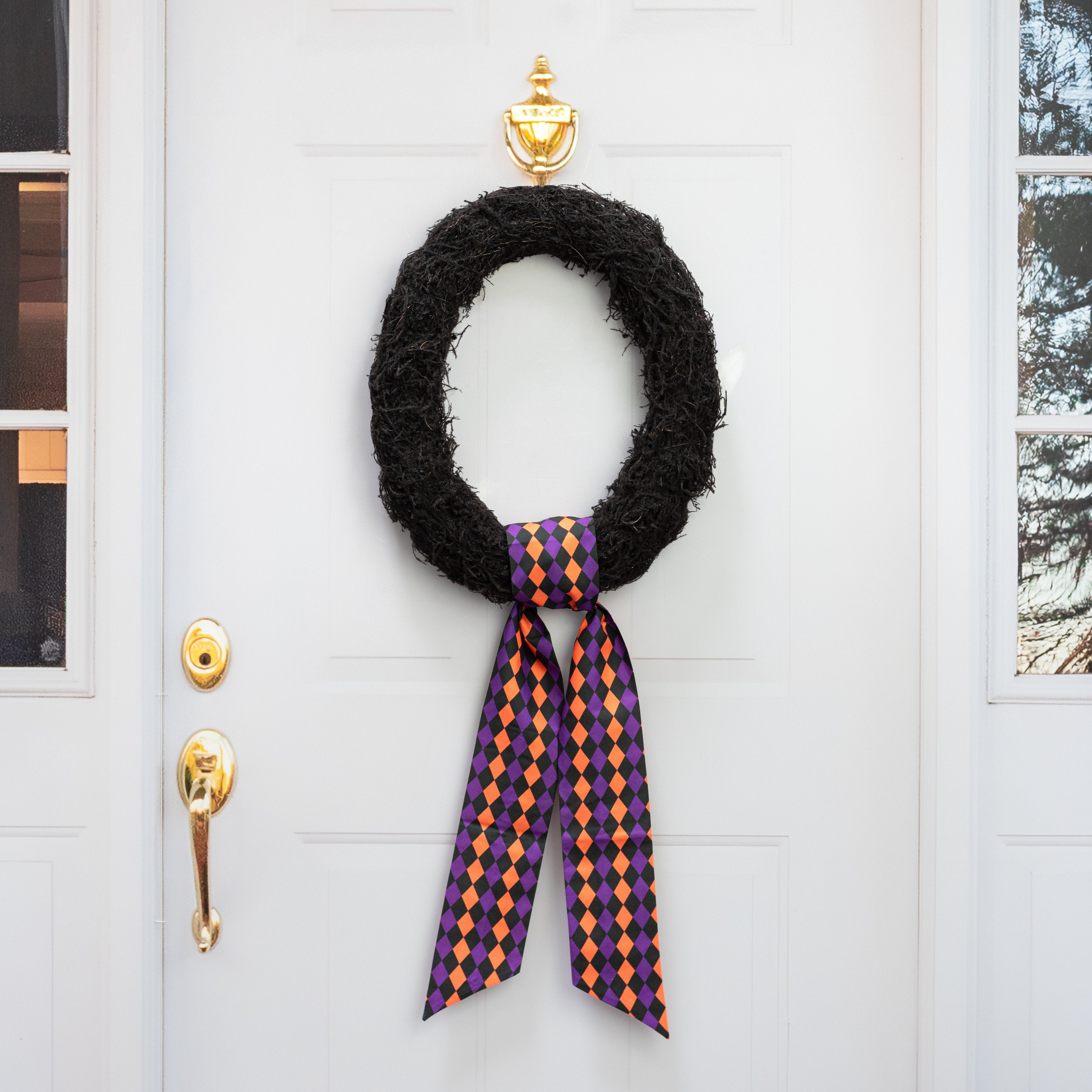 [D Stevens] 4" x 56" Taffeta Harlequin Wreath Sash: Black, Purple & Orange Lifestyle Photo