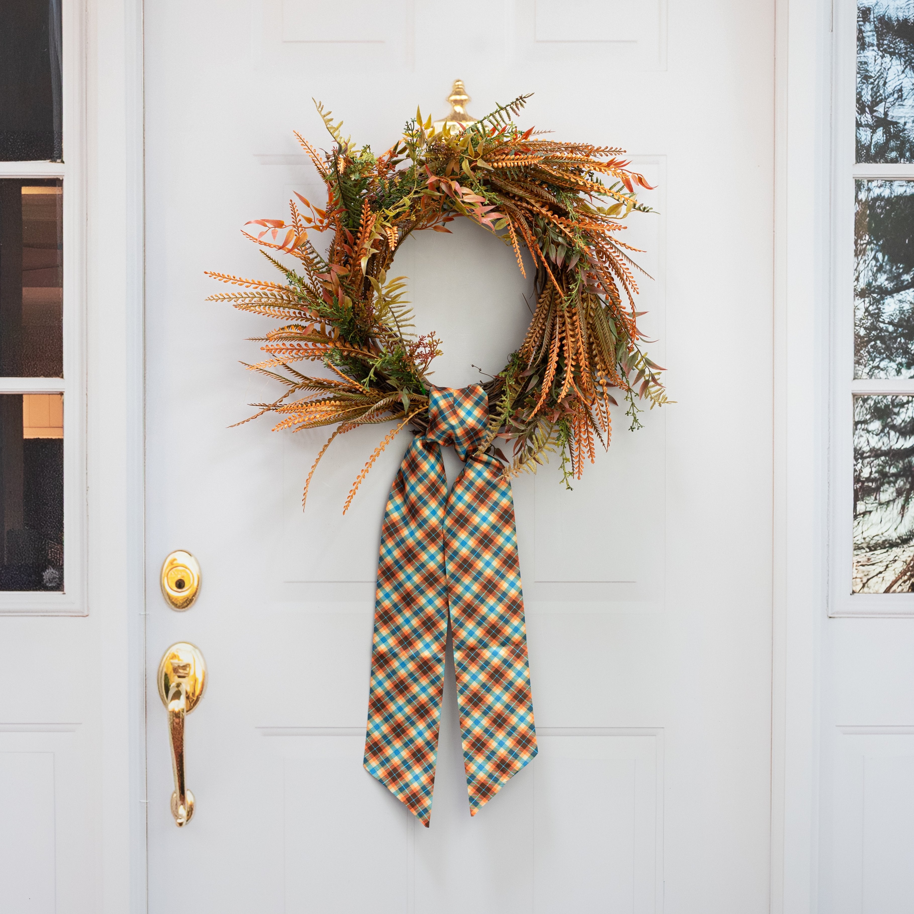[D Stevens] 4" x 56" Taffeta Sheldon Diagonal Plaid Wreath Sash: Brown, Blue & Orange Lifestyle Photo