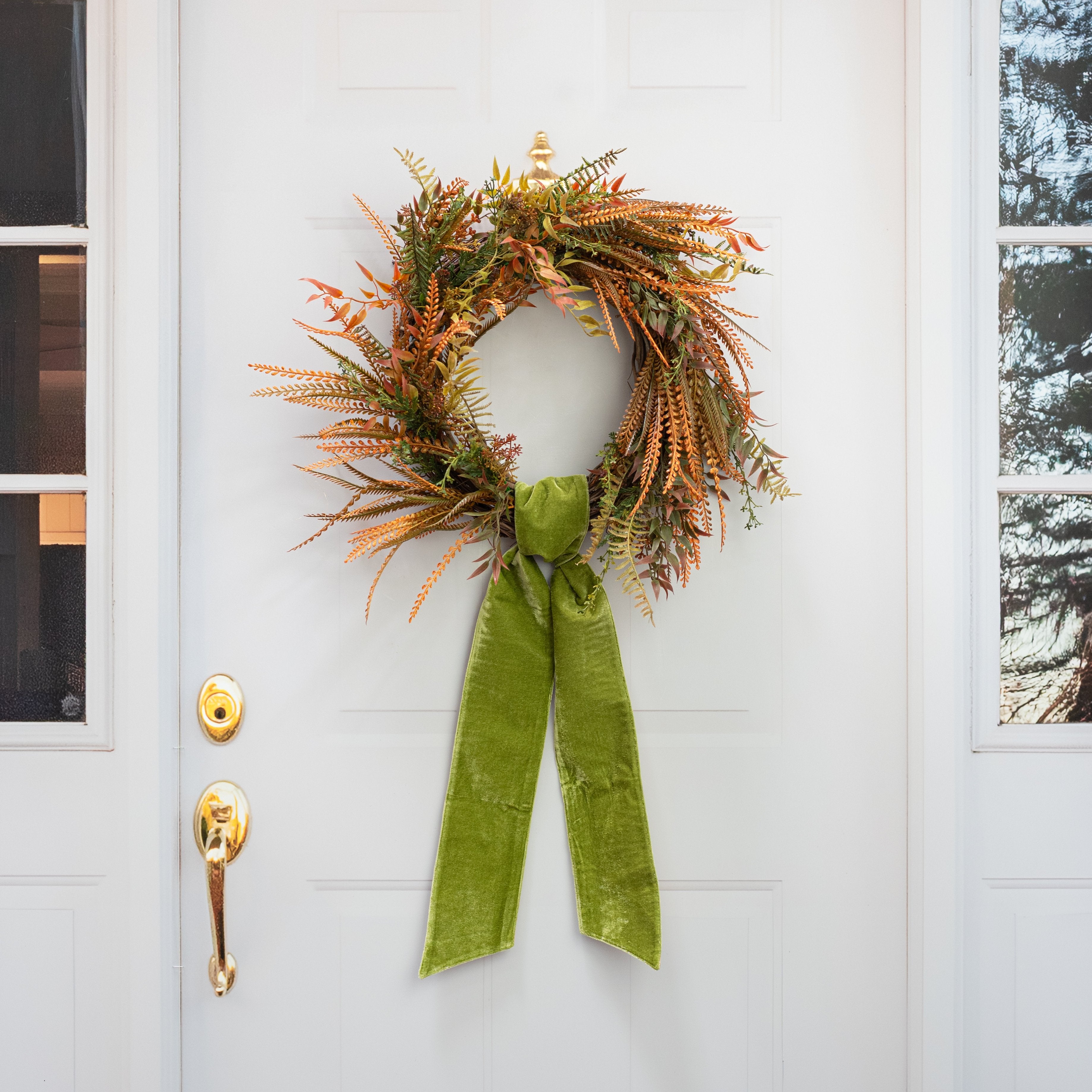 [D Stevens] 4" x 56" Velvet Gold Back Wreath Sash: Moss Green Lifestyle Photo