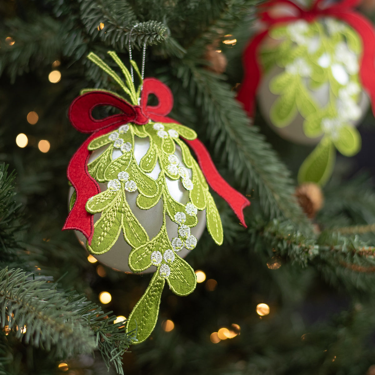 [D Stevens] 8.5" Embroidered Mistletoe Bough with Red Bow Ornament (6 Pack) Lifestyle Photo