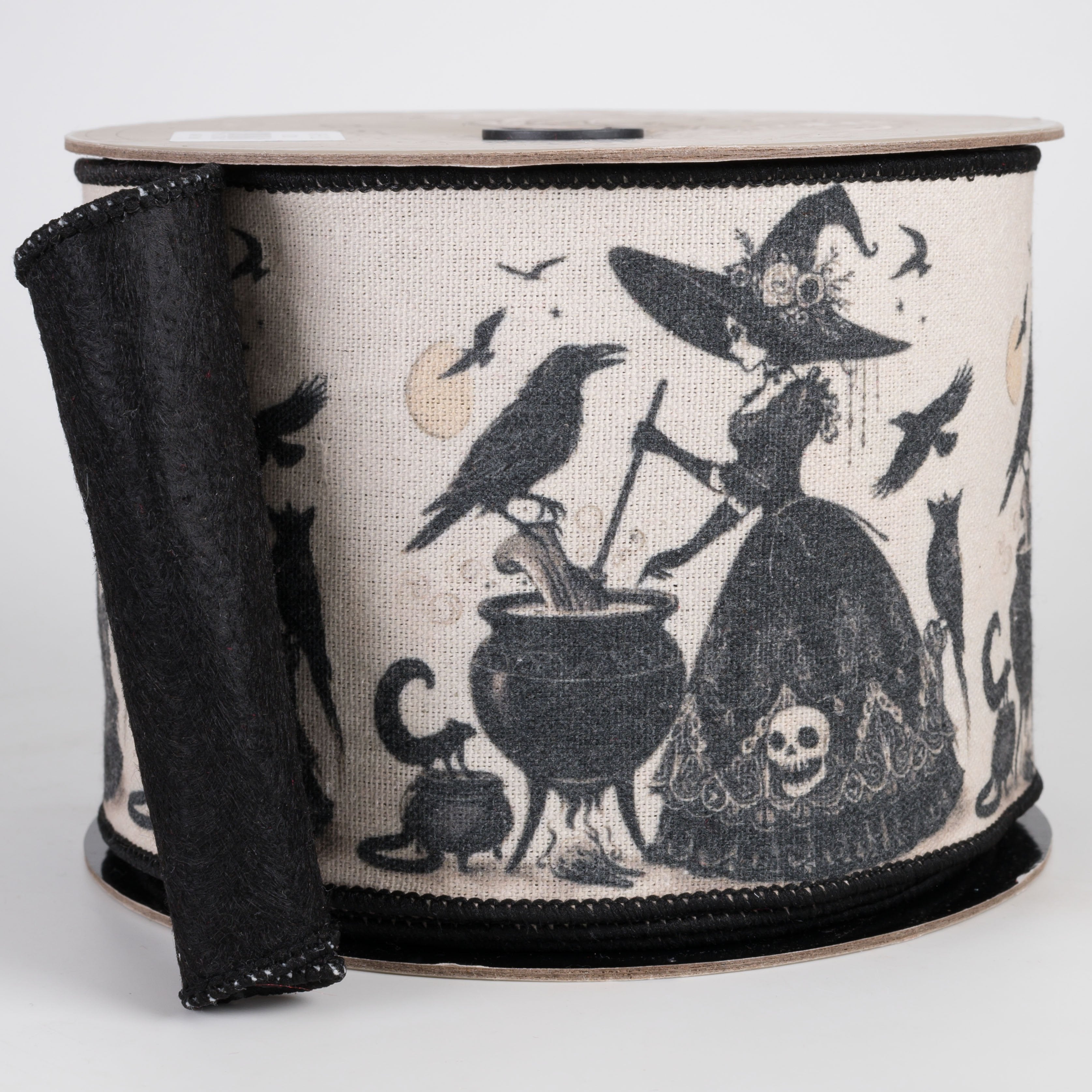[D Stevens] 4" Canvas Witches and Cauldron Ribbon: Ivory & Black (10 Yards) Item Number: 18-5113