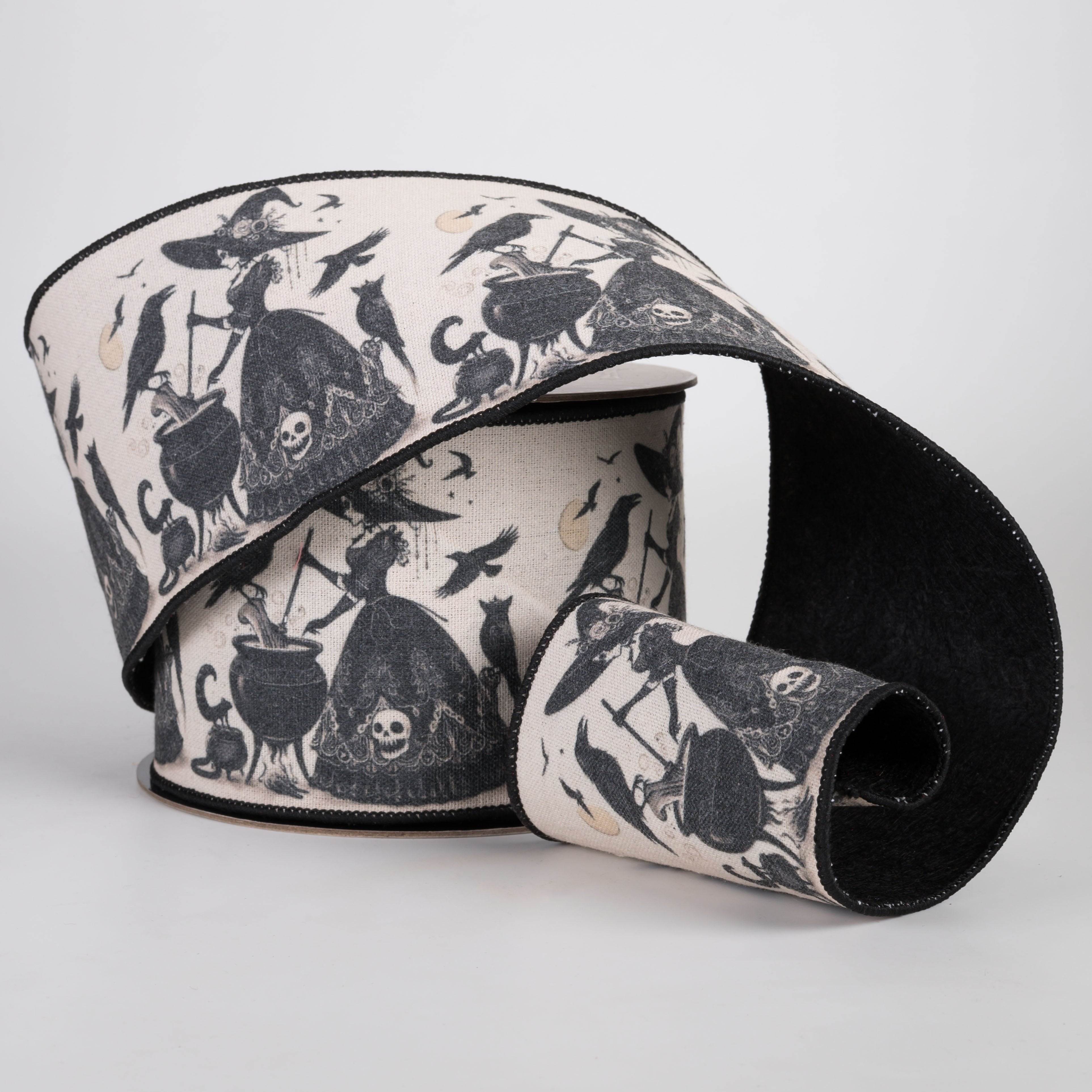 [D Stevens] 4" Canvas Witches and Cauldron Ribbon: Ivory & Black (10 Yards) Lifestyle Photo