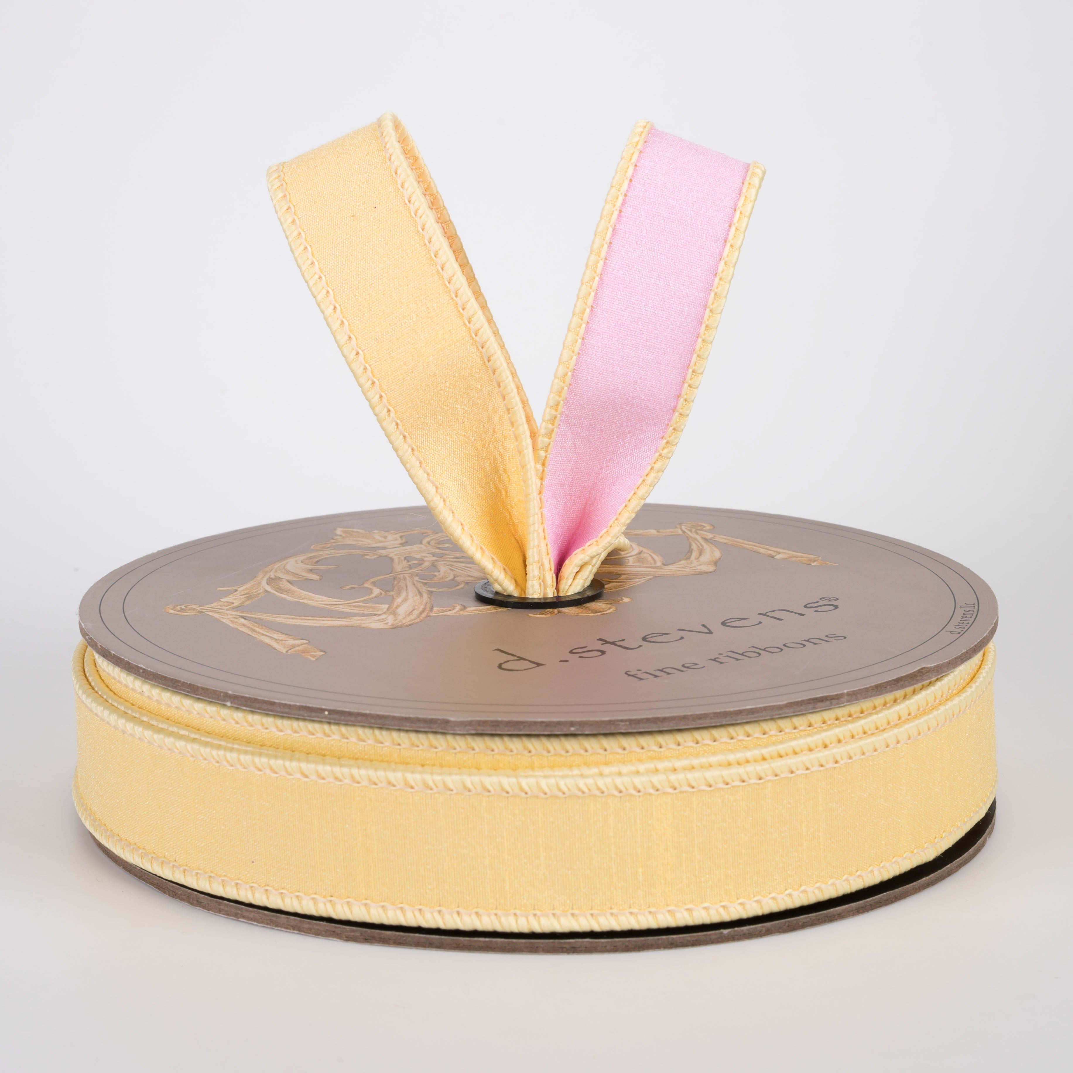 [D Stevens] 1" Double Sided Dupioni Ribbon: Buttercup Yellow & Light Pink (25 Yards) Lifestyle Photo