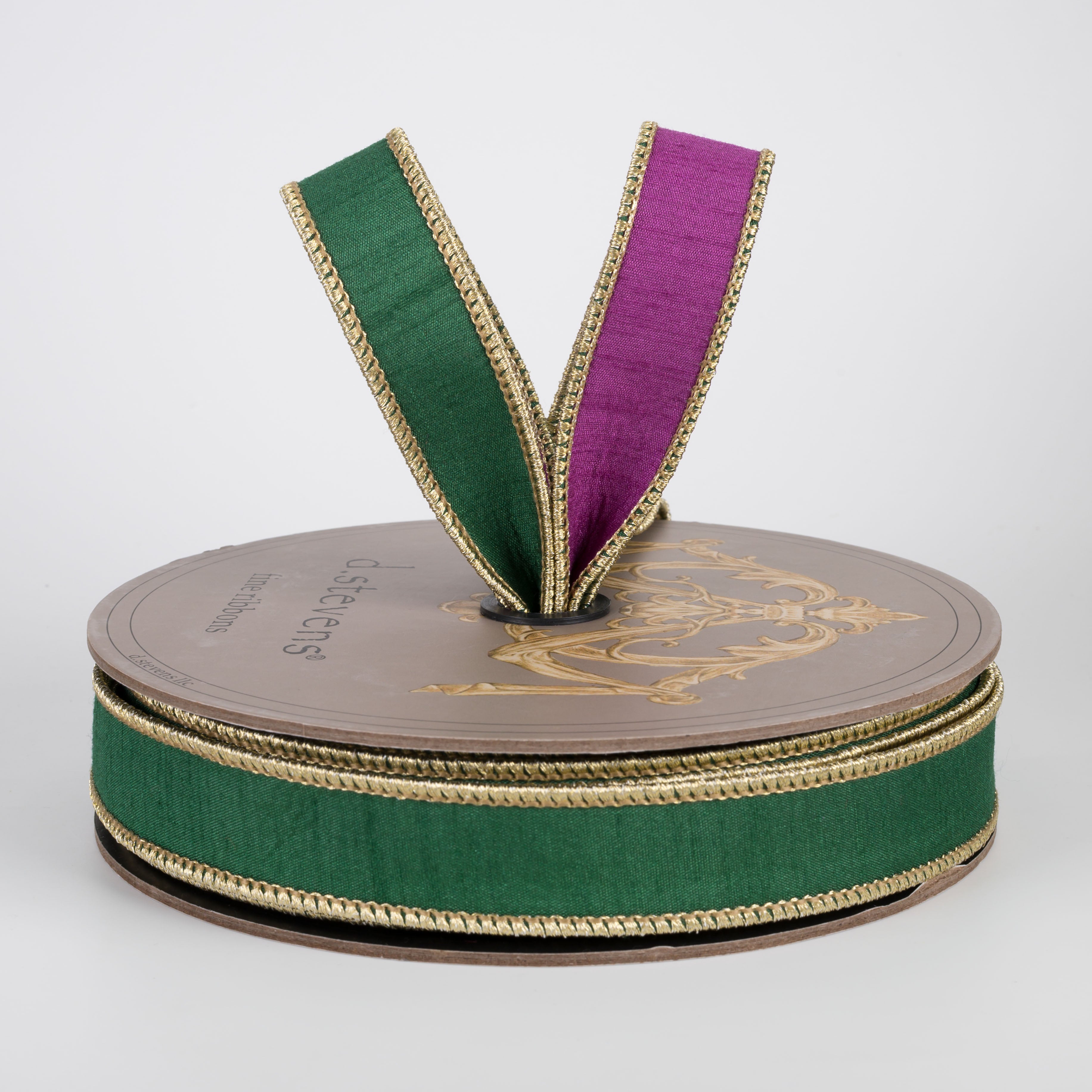 [D Stevens] 1" Double Sided Dupioni Ribbon: Green & Purple (25 Yards) Lifestyle Photo
