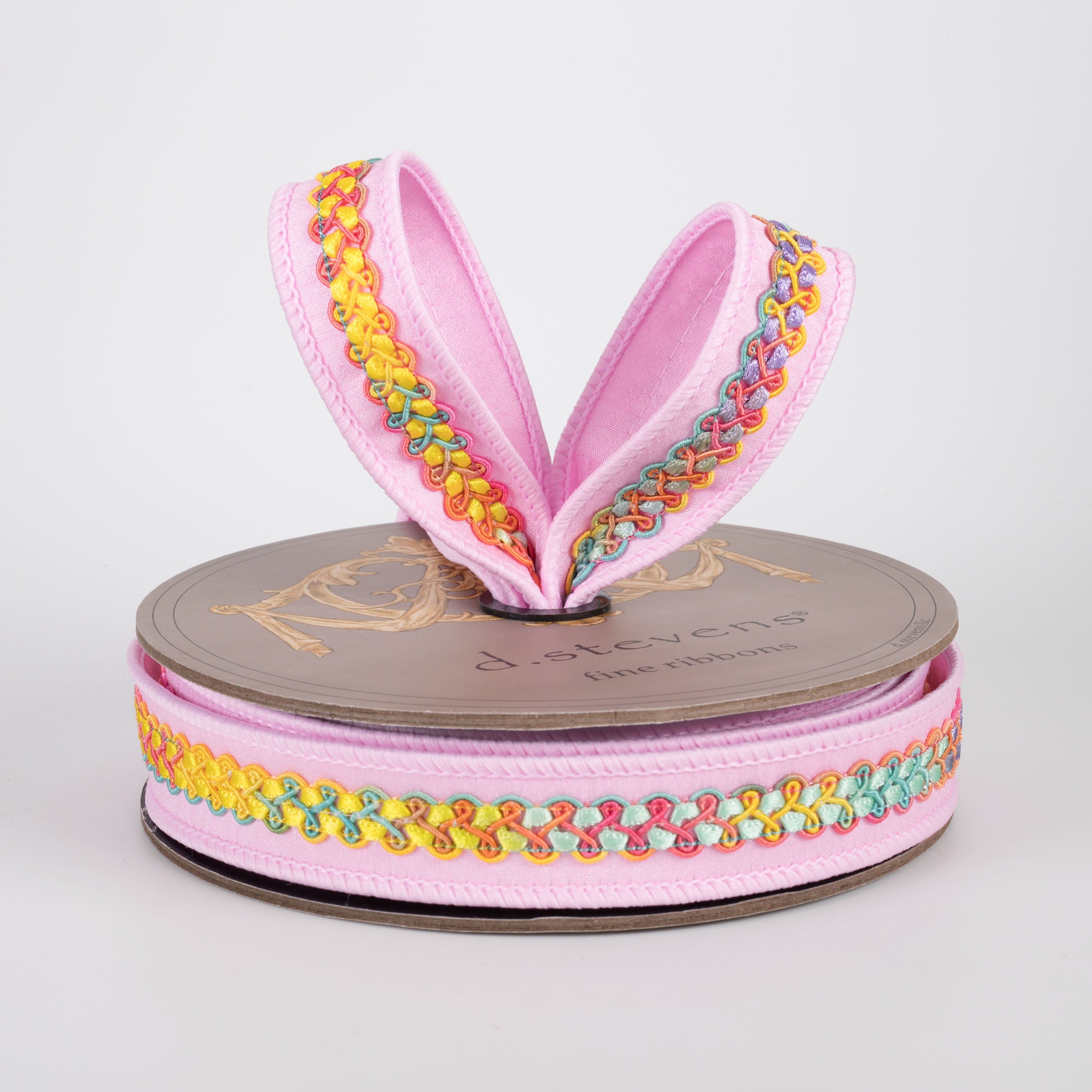 [D Stevens] 1" Dupioni Braided Trim Ribbon: Bright Pastel Ombre on Light Pink (10 Yards) Lifestyle Photo