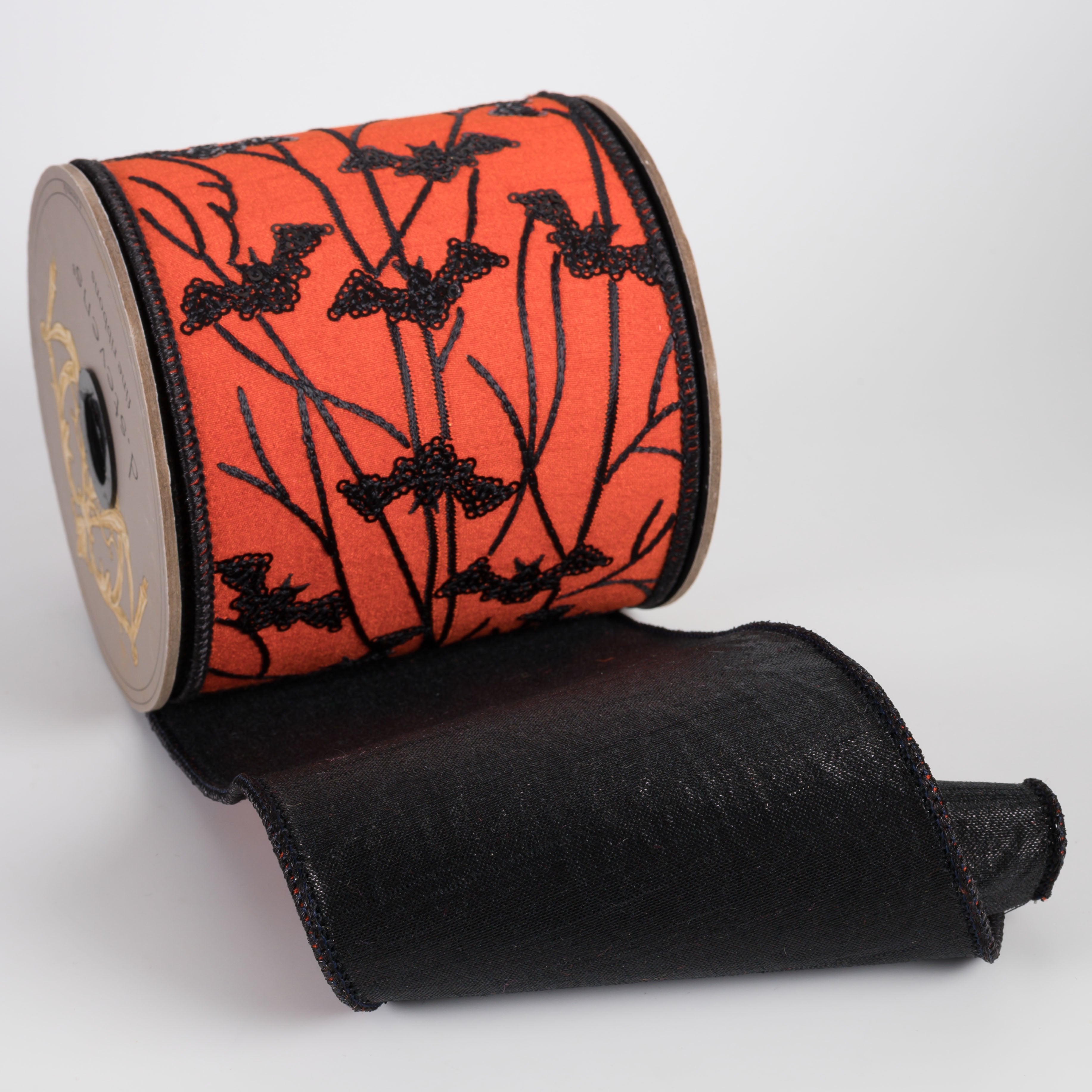 [D Stevens] 4" Dupioni Branches & Sequin Bats Ribbon: Orange & Black (5 Yards) detail photo 3