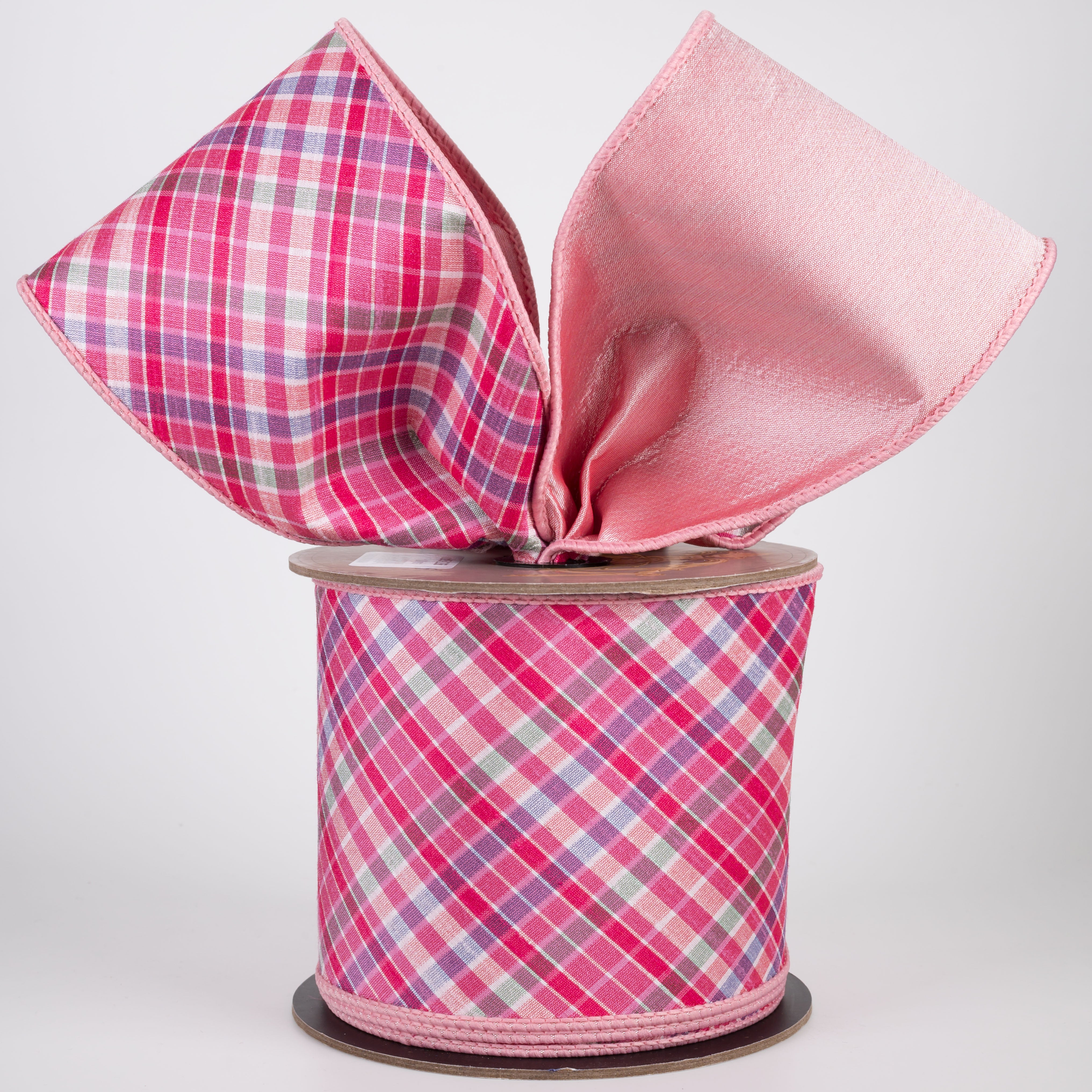 [D Stevens] 4" Dupioni Diagonal Camellia Plaid Ribbon: Pinks (10 Yards) Lifestyle Photo