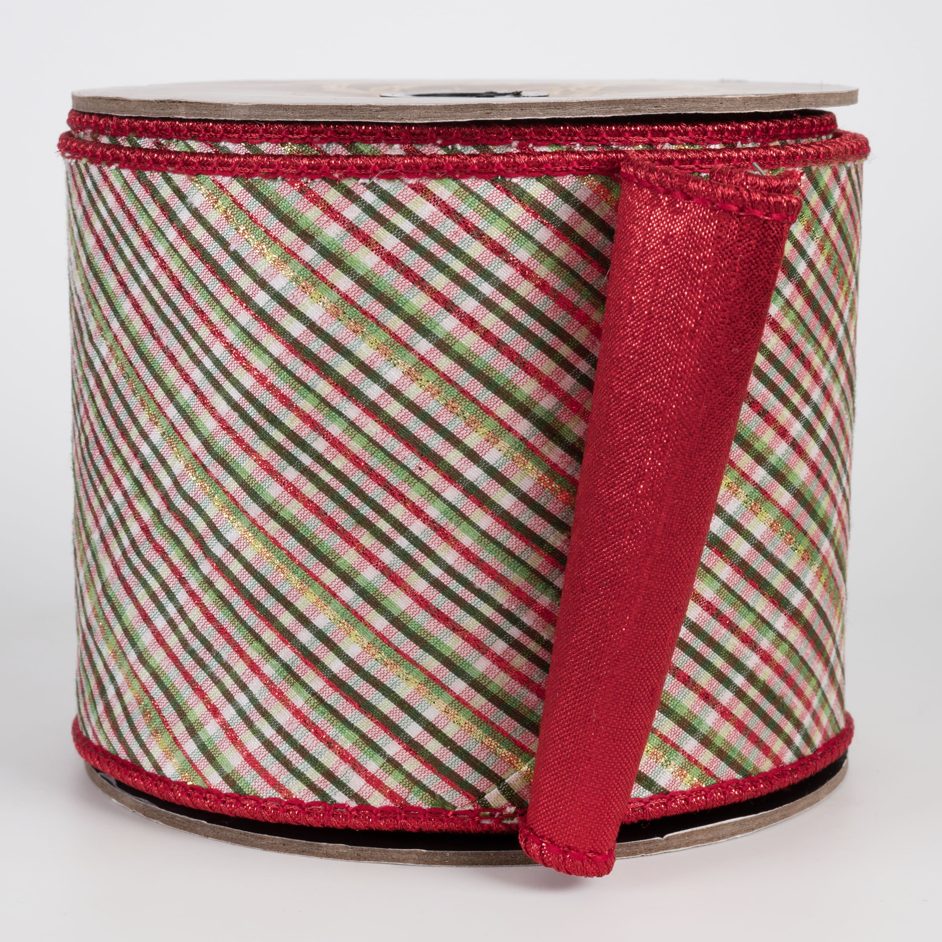 [D Stevens] 4" Dupioni Glitter Diagonal Archer Plaid Ribbon: Red, Green & White (10 Yards) Item Number: 05-1213