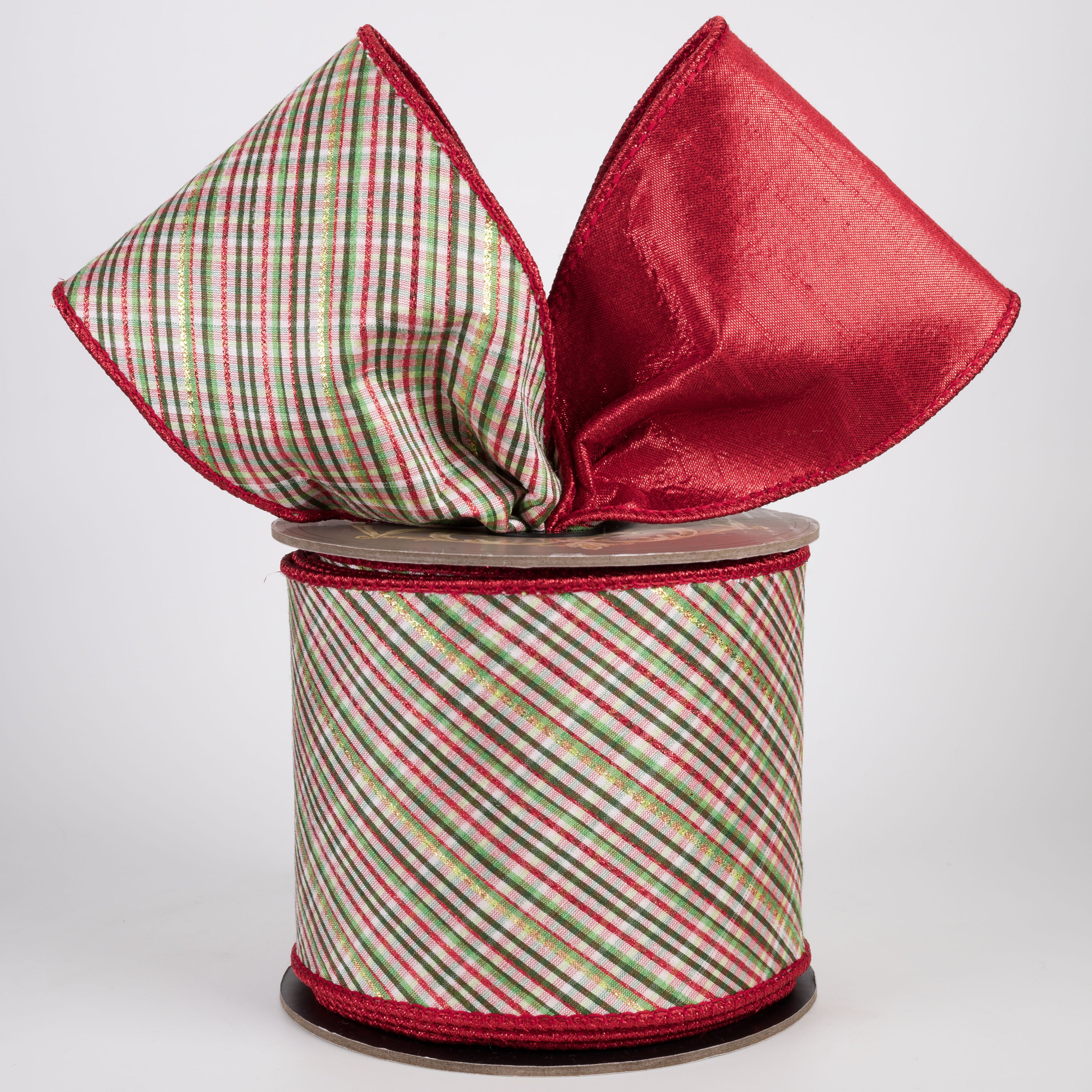 [D Stevens] 4" Dupioni Glitter Diagonal Archer Plaid Ribbon: Red, Green & White (10 Yards) Lifestyle Photo