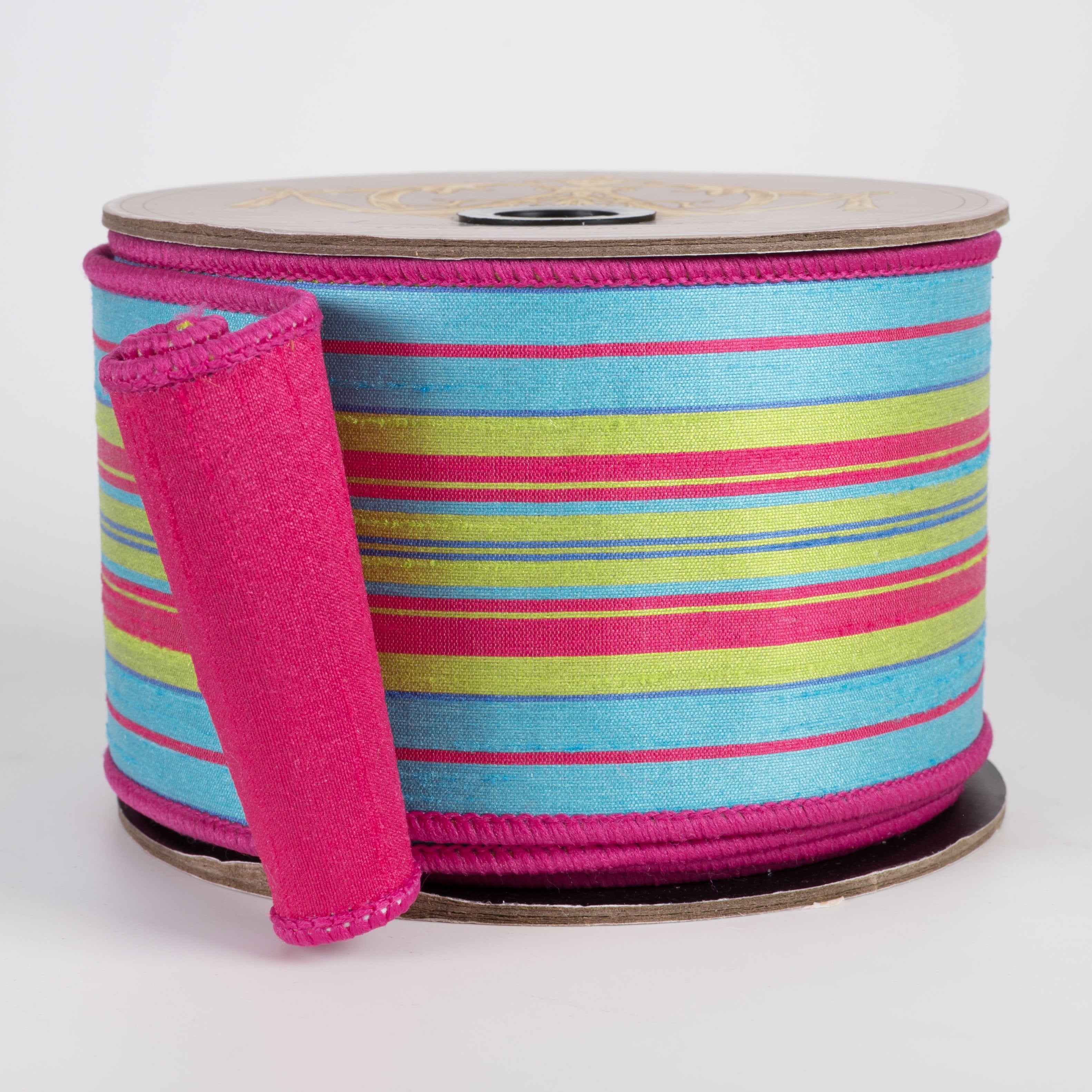 [D Stevens] 3" Dupioni Multi Stripe Ribbon: Lime, Hot Pink & Teal (10 Yards) Item Number: 05-1836