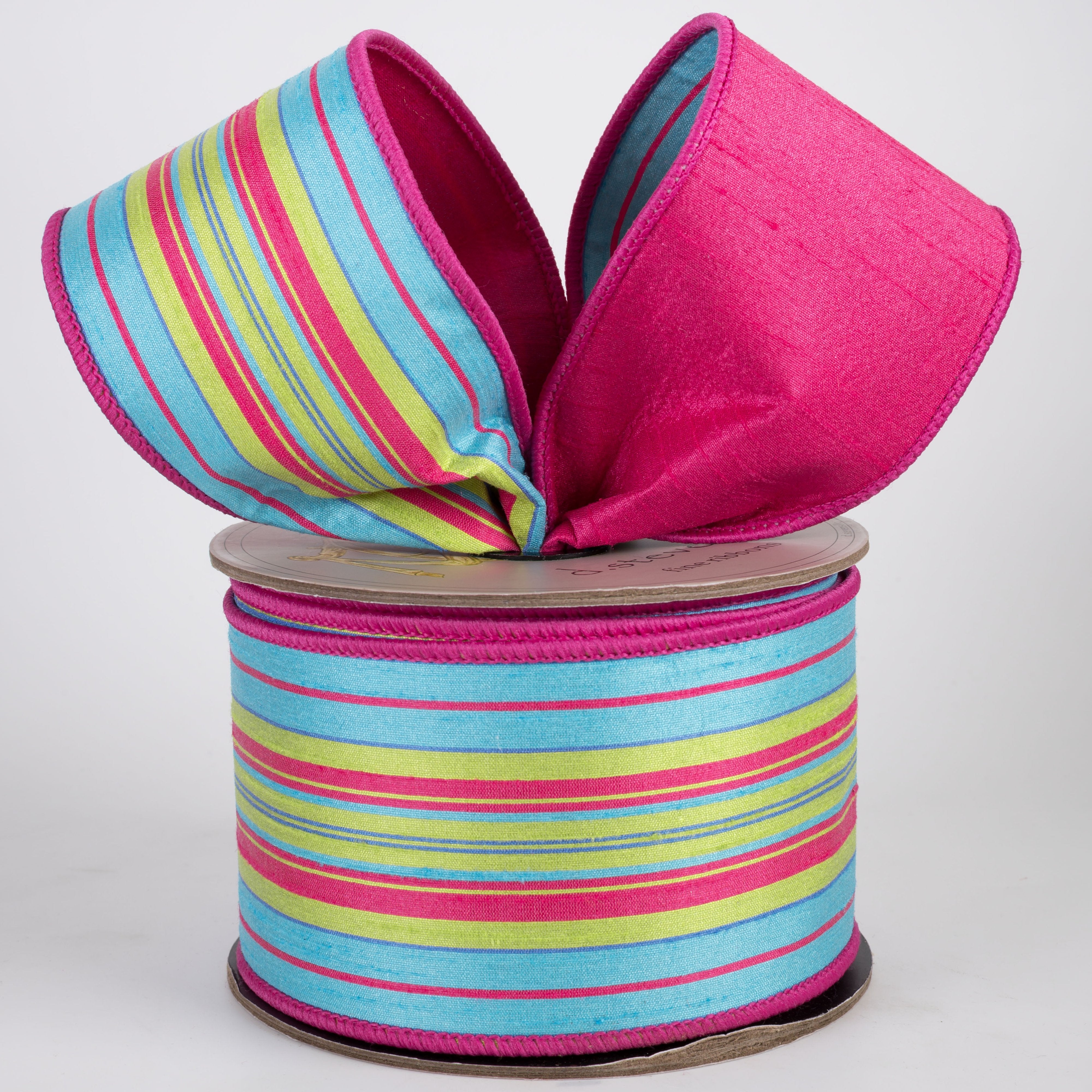 [D Stevens] 3" Dupioni Multi Stripe Ribbon: Lime, Hot Pink & Teal (10 Yards) Lifestyle Photo