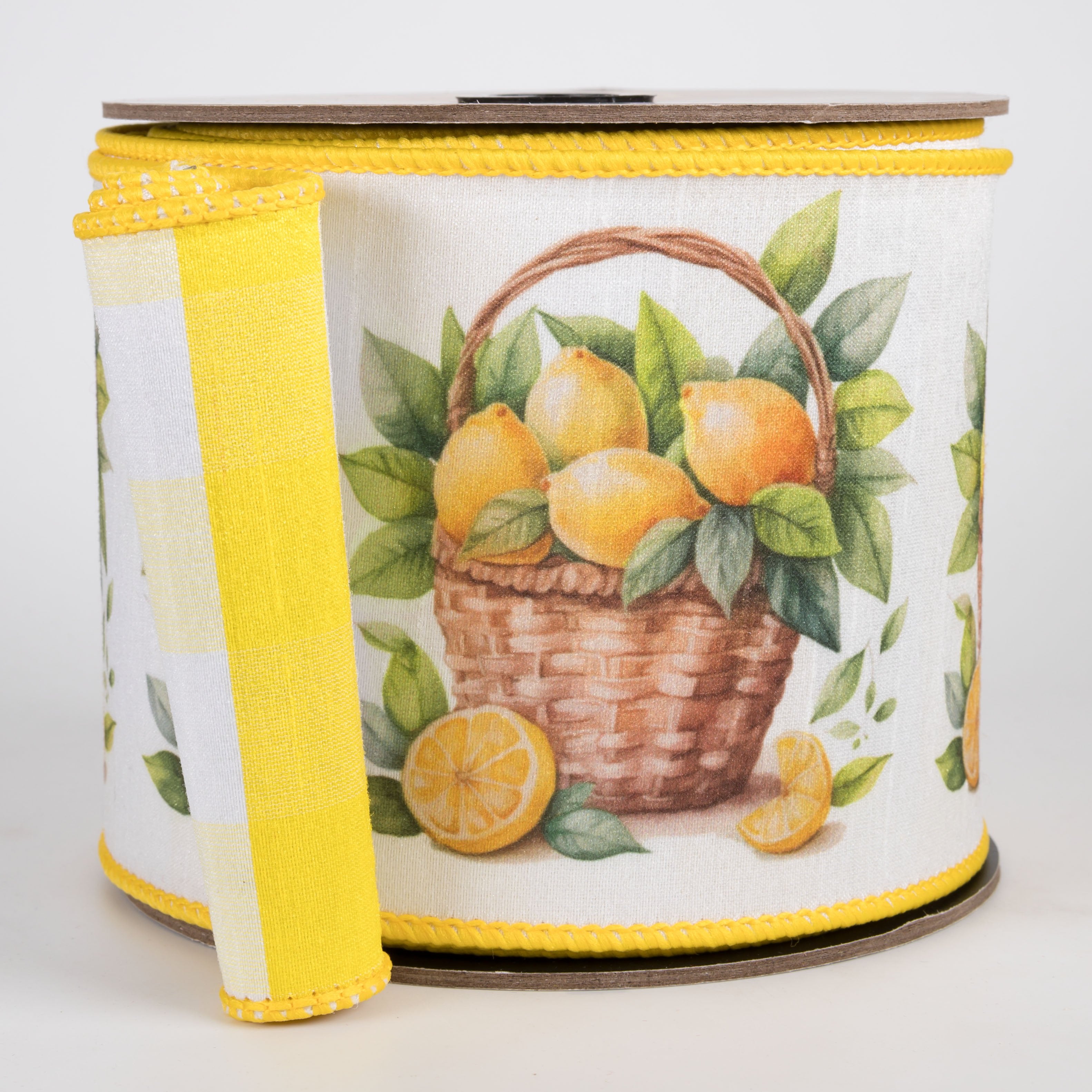 [D Stevens] 4" Dupioni Watercolor Lemon in Basket Ribbon: Yellow & White (10 Yards) Item Number: 05-1567