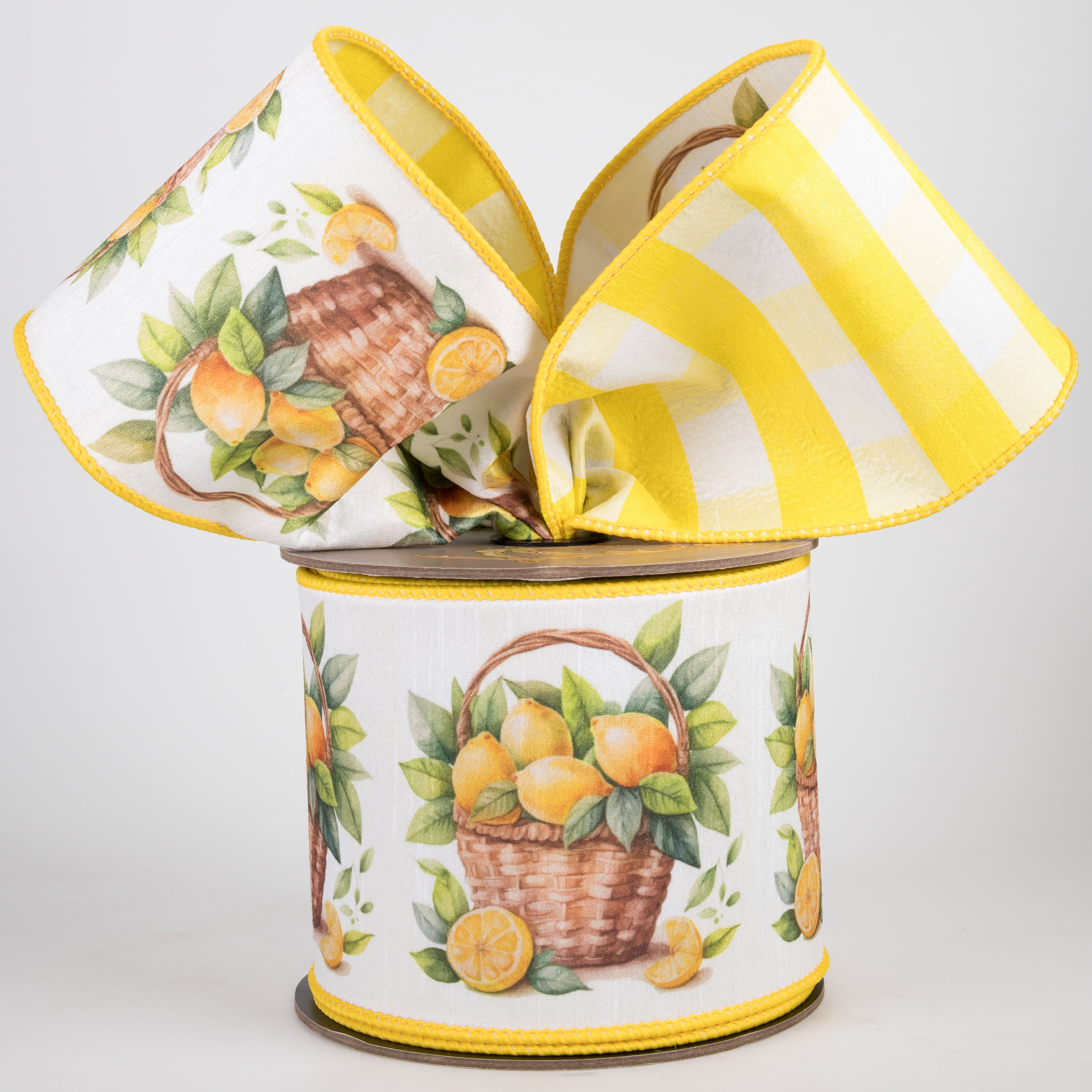 [D Stevens] 4" Dupioni Watercolor Lemon in Basket Ribbon: Yellow & White (10 Yards) Lifestyle Photo