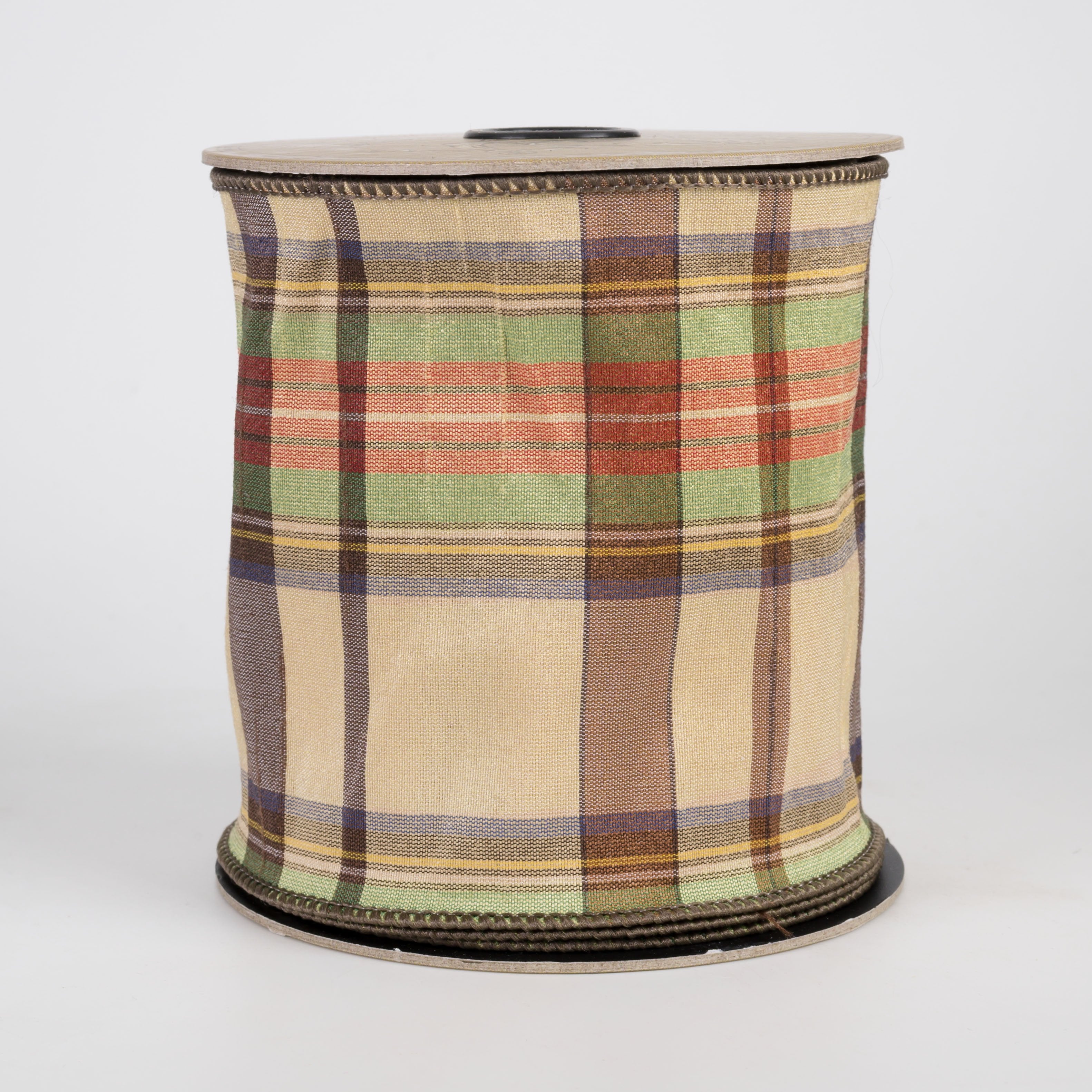 [D Stevens] 4" Dupioni Wyoming Fall Plaid Ribbon: Cream & Green (10 Yards) Item Number: 88-3775